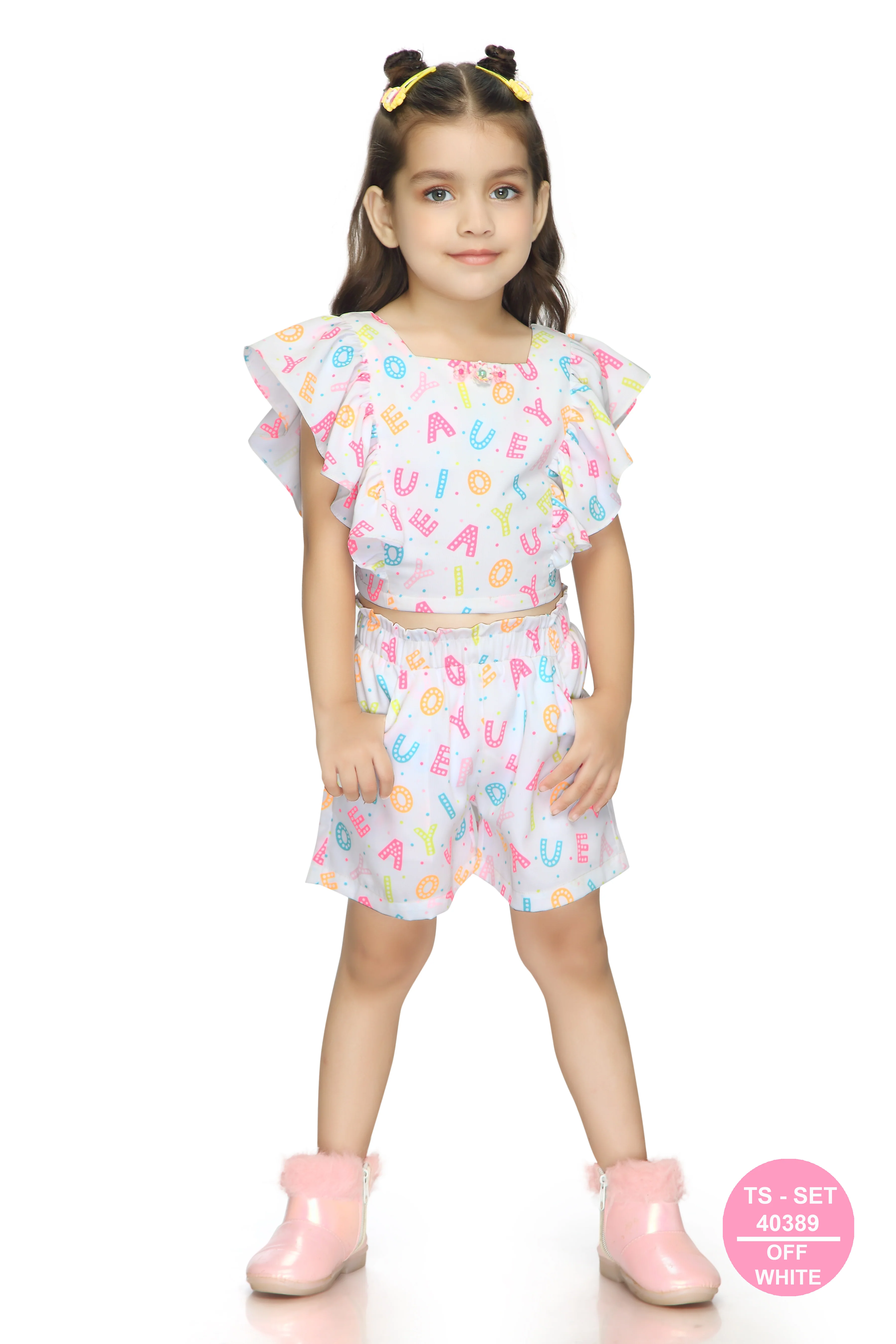 Alphabet Print Ruffle Top & Shorts Set TSSET40389 - Image 5