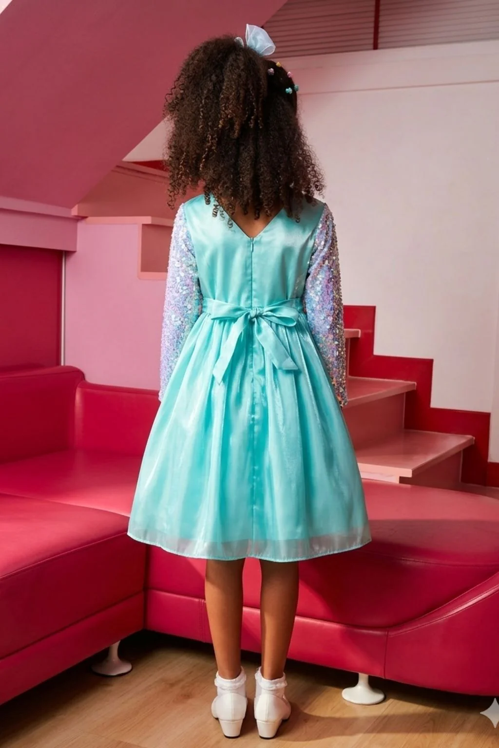 Barbie Aqua Blue Sequin Net Bow Party Dress BAF229 - Image 2