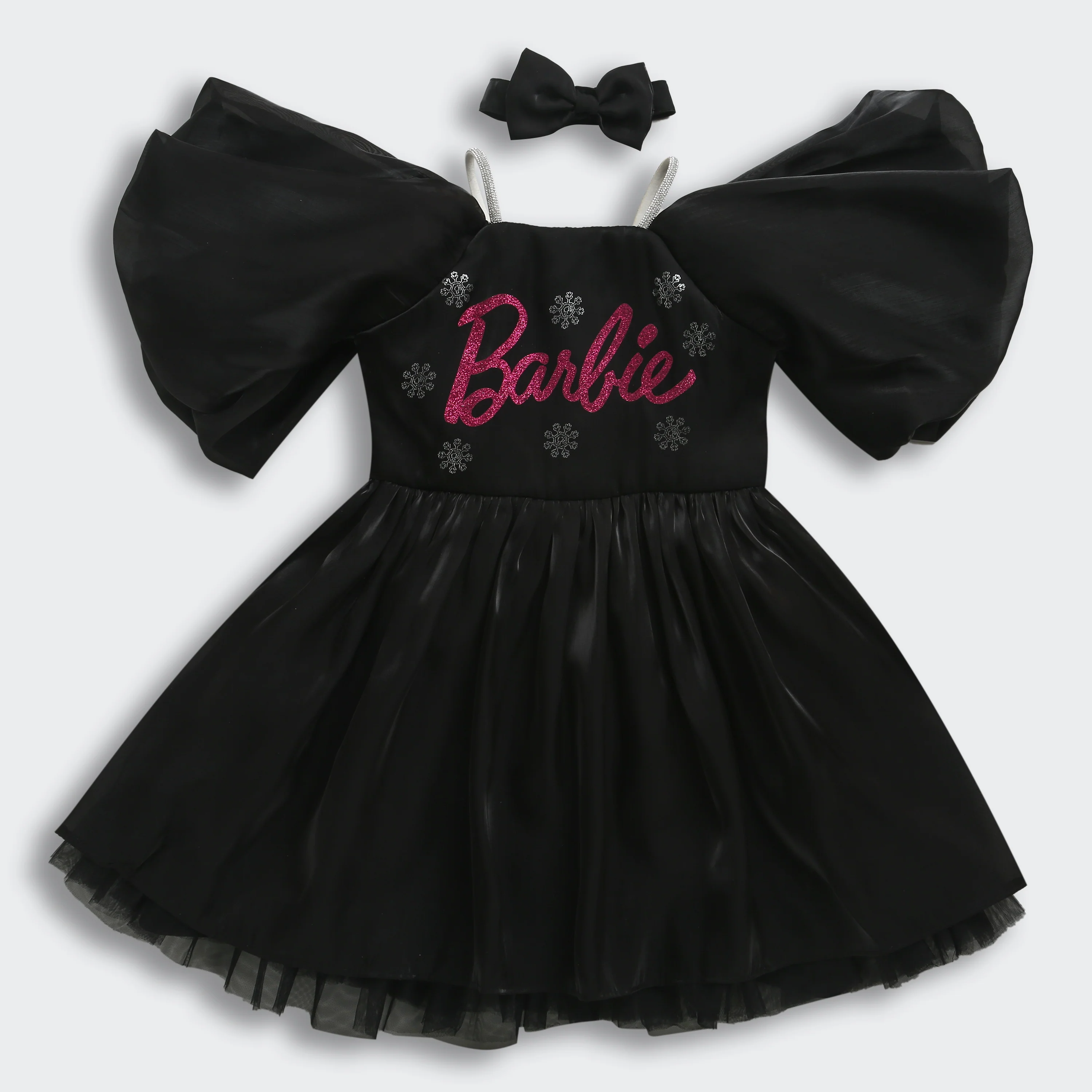 Barbie Black Satin Puff Sleeve Party Dress BAF236 - Image 3