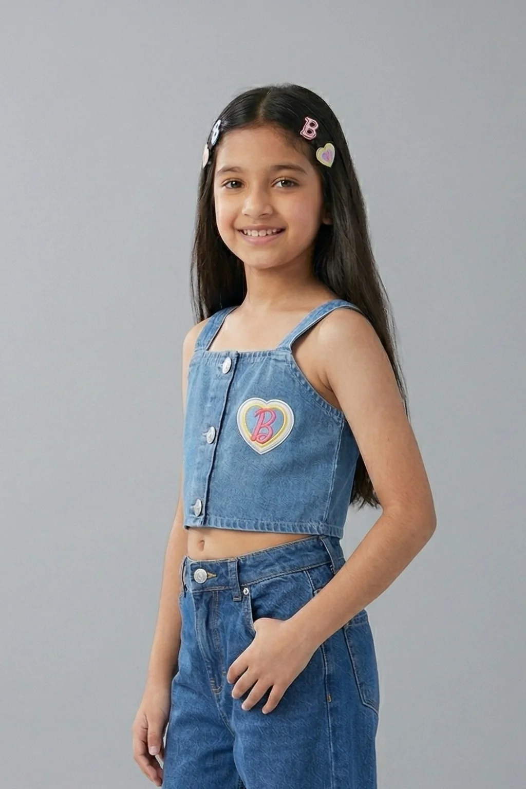 Barbie Denim Soild Heart Patch Crop Top BAWC0001 - Image 5