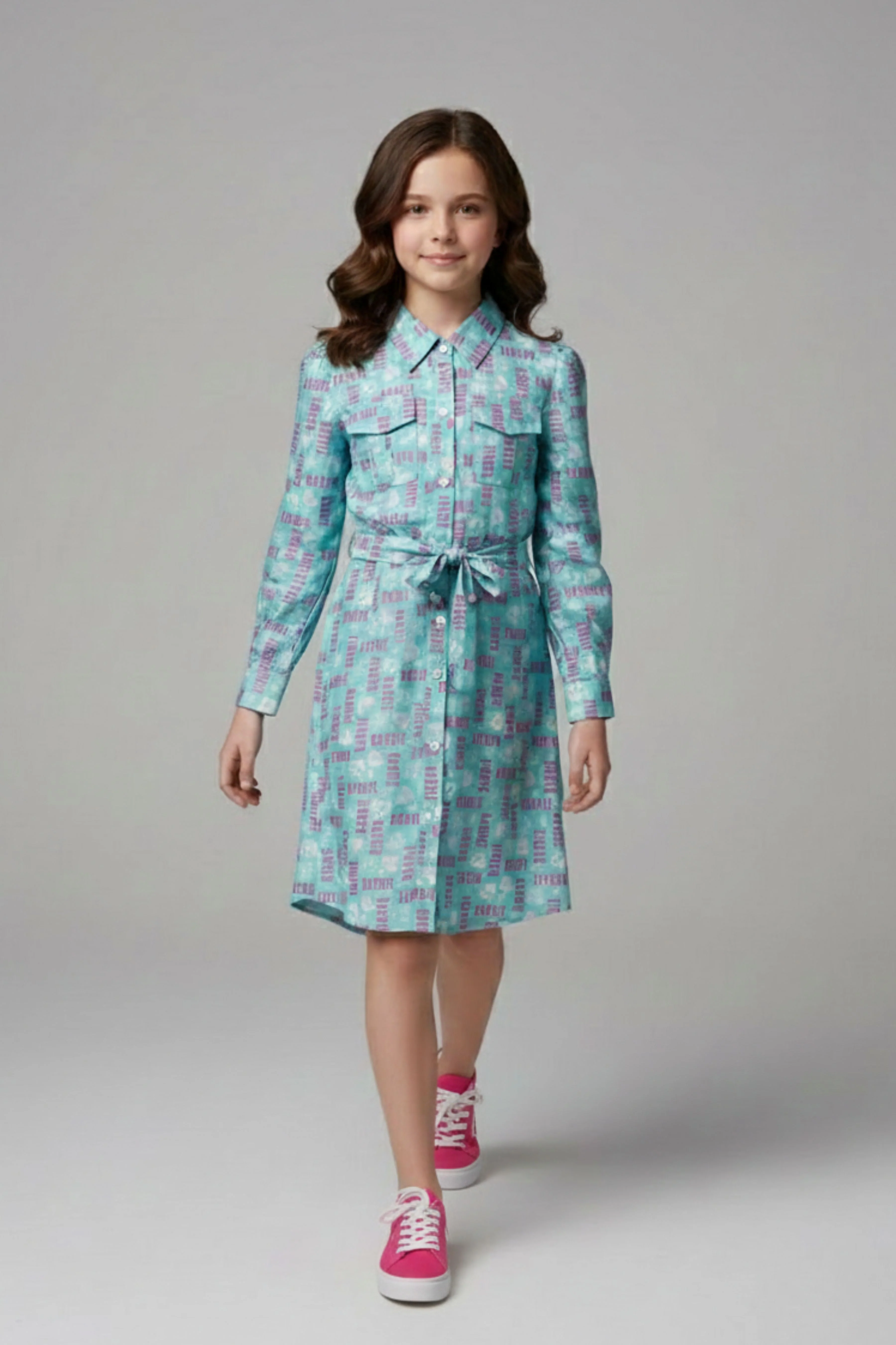 Barbie Girl Sea Green Printed Shirt Dress BAM1239 - Image 5