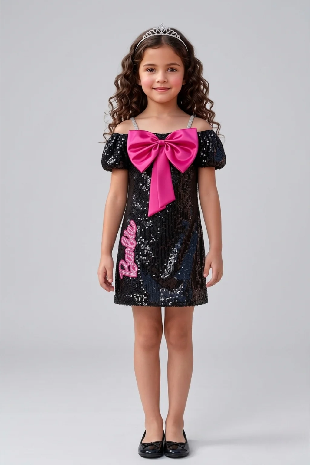Barbie Girls Black Sequin Off-Shoulder Dress with Pink Bow BAM1245
