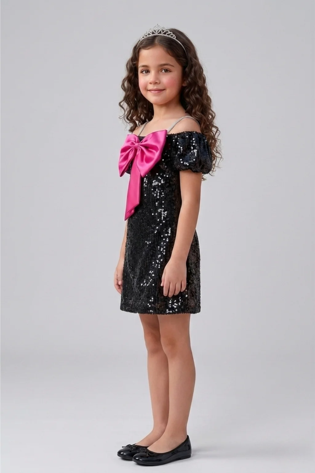 Barbie Girls Black Sequin Off-Shoulder Dress with Pink Bow BAM1245 - Image 3