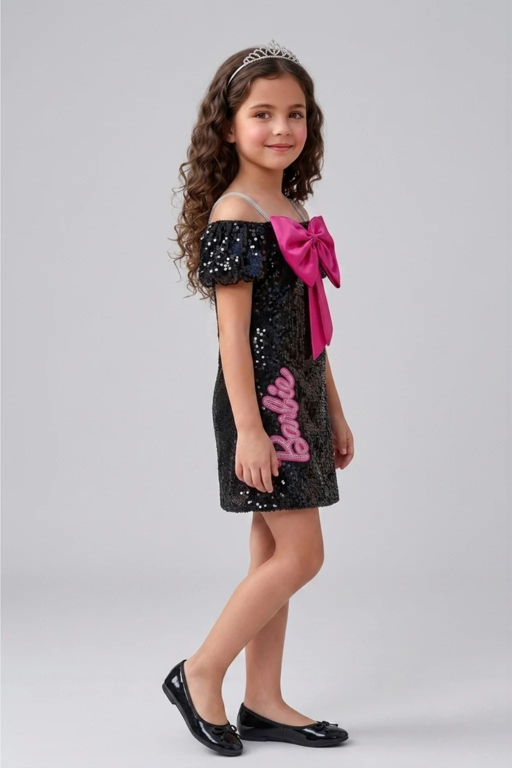 Barbie Girls Black Sequin Off-Shoulder Dress with Pink Bow BAM1245 - Image 4