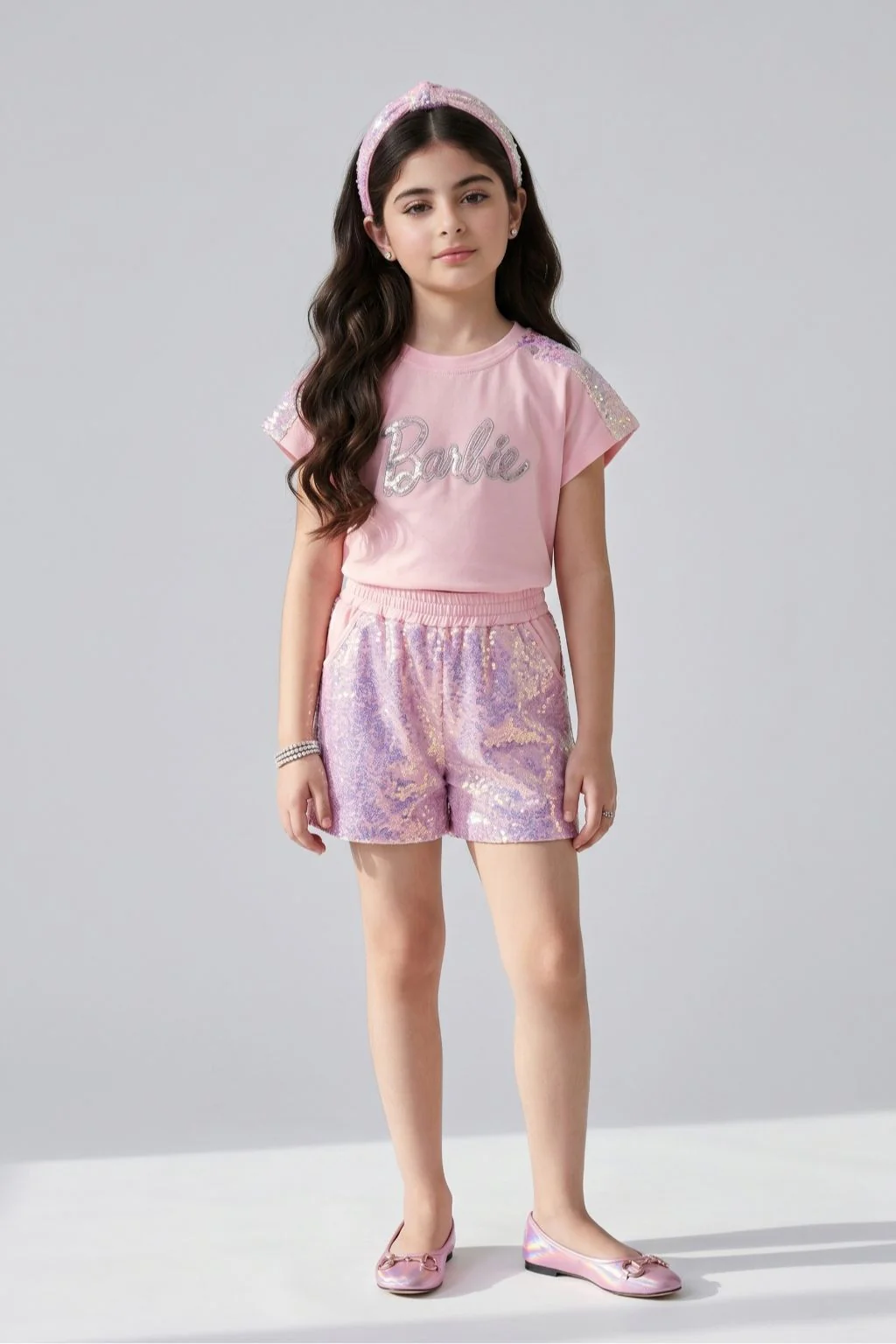 Barbie Girls Light Peach Sequins Shorts Co-ord Set BASET521 - Image 3