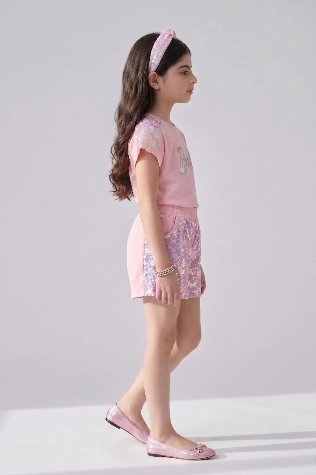 Barbie Girls Light Peach Sequins Shorts Co-ord Set BASET521 - Image 4
