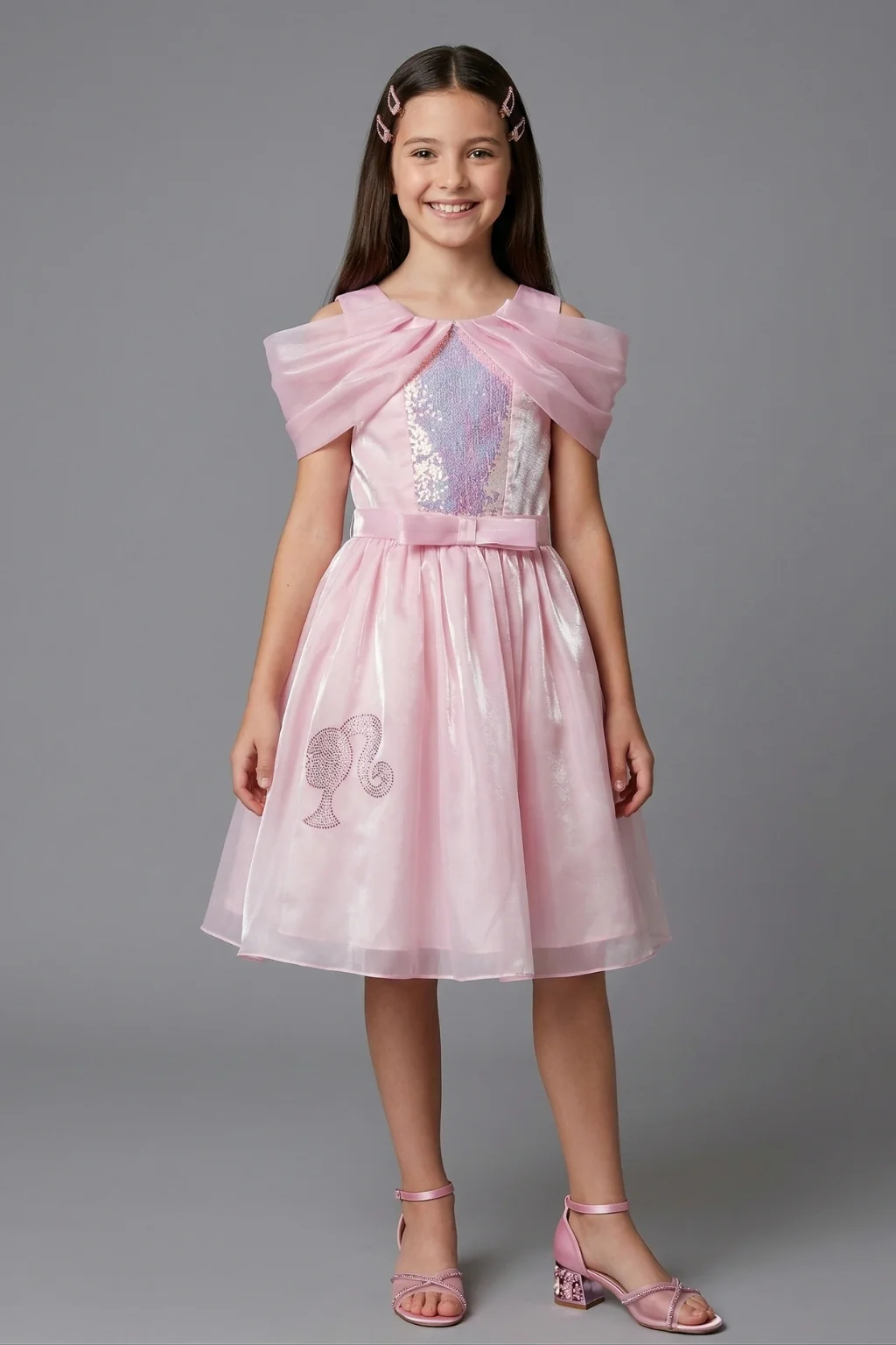 Barbie Girls Light Pink Shimmer Party Dress with Cape Sleeves BAF307 - Image 3