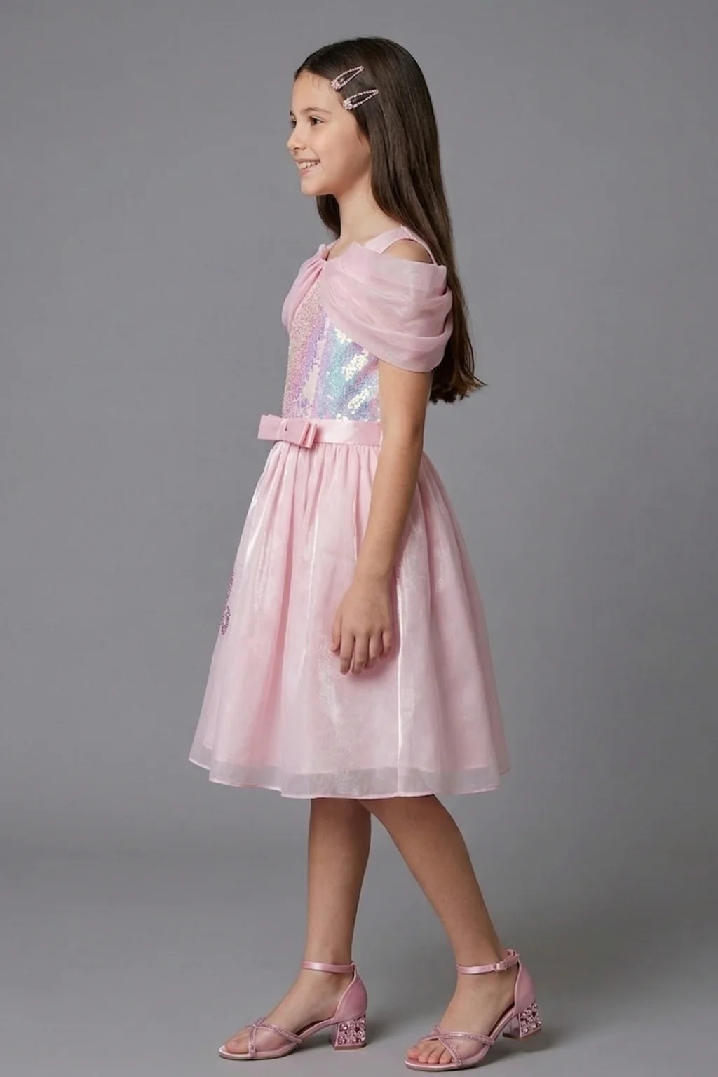 Barbie Girls Light Pink Shimmer Party Dress with Cape Sleeves BAF307 - Image 4