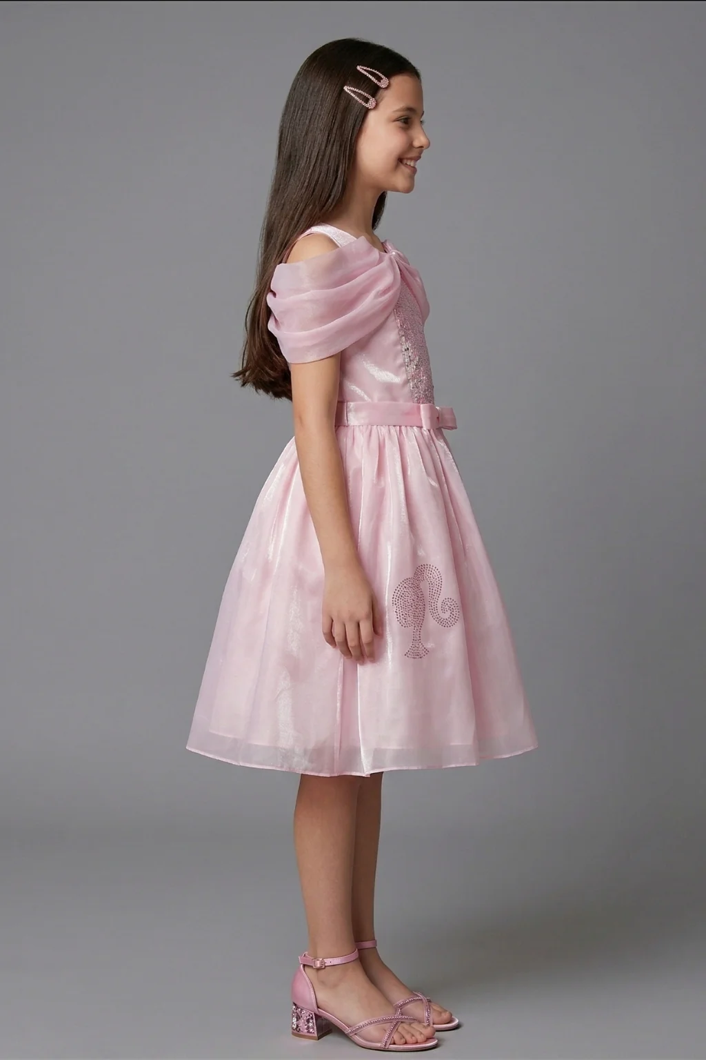 Barbie Girls Light Pink Shimmer Party Dress with Cape Sleeves BAF307 - Image 5