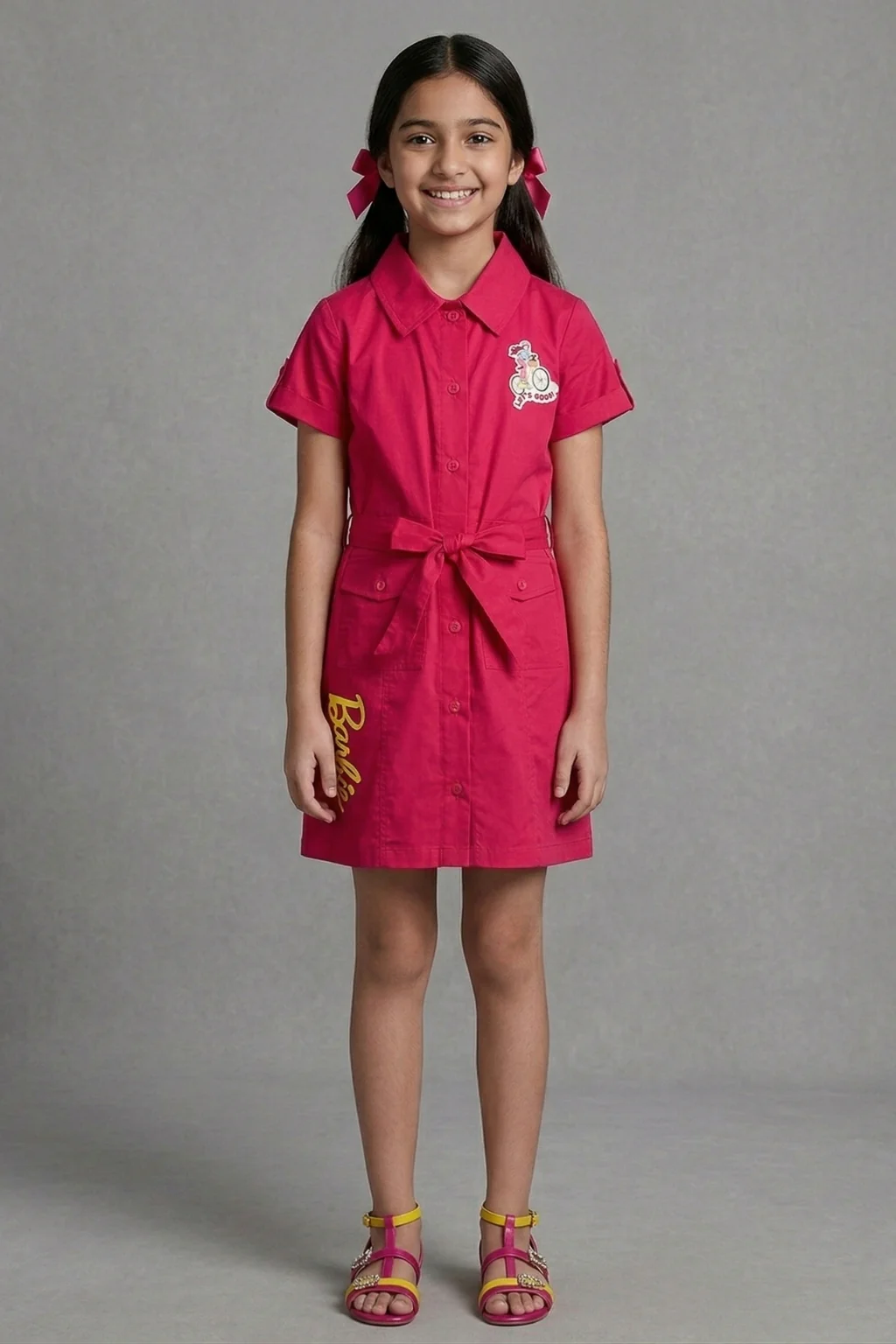 Barbie Hot Pink Collared Shirt Dress with Waist Tie BAM1267 - Image 3