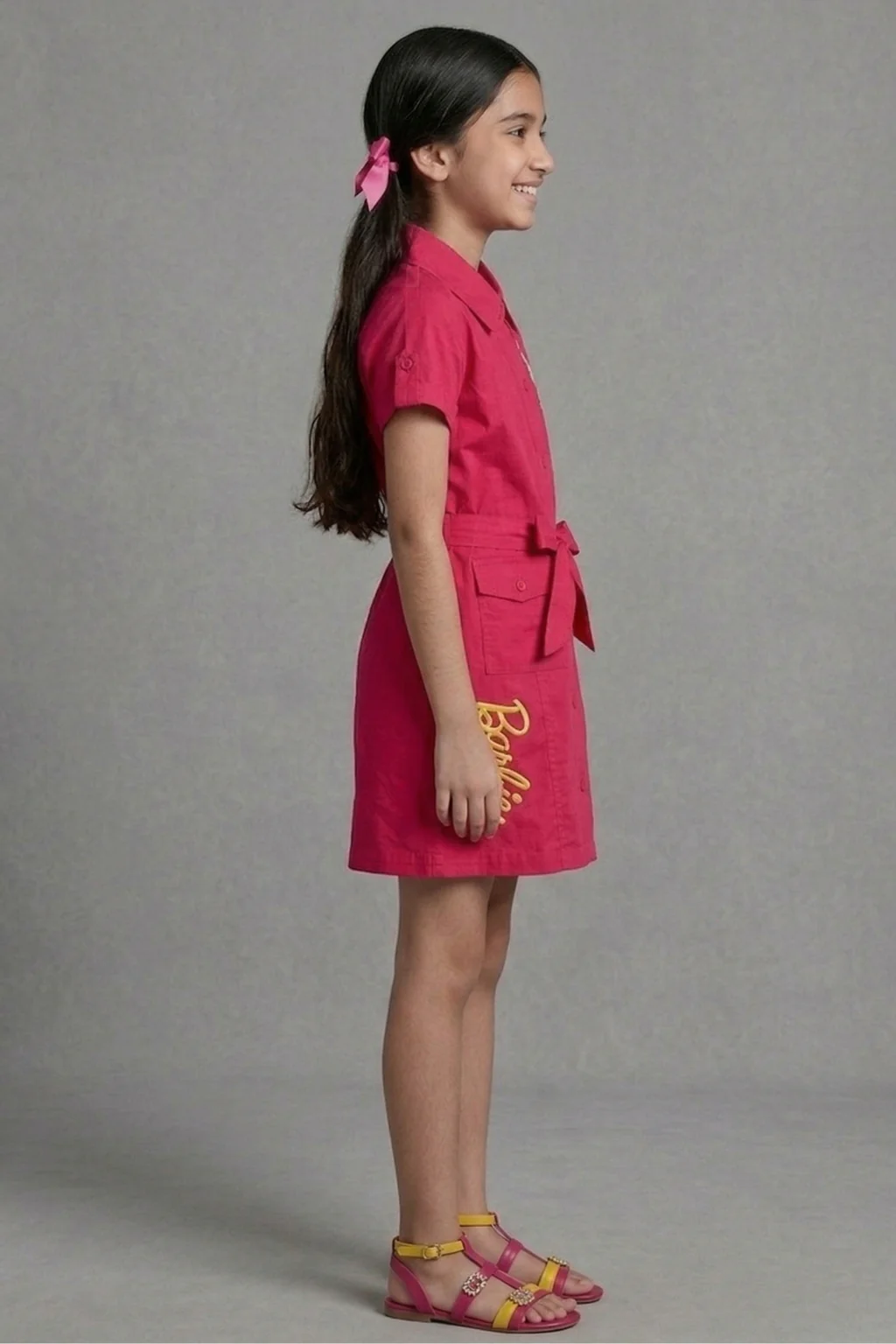 Barbie Hot Pink Collared Shirt Dress with Waist Tie BAM1267 - Image 5