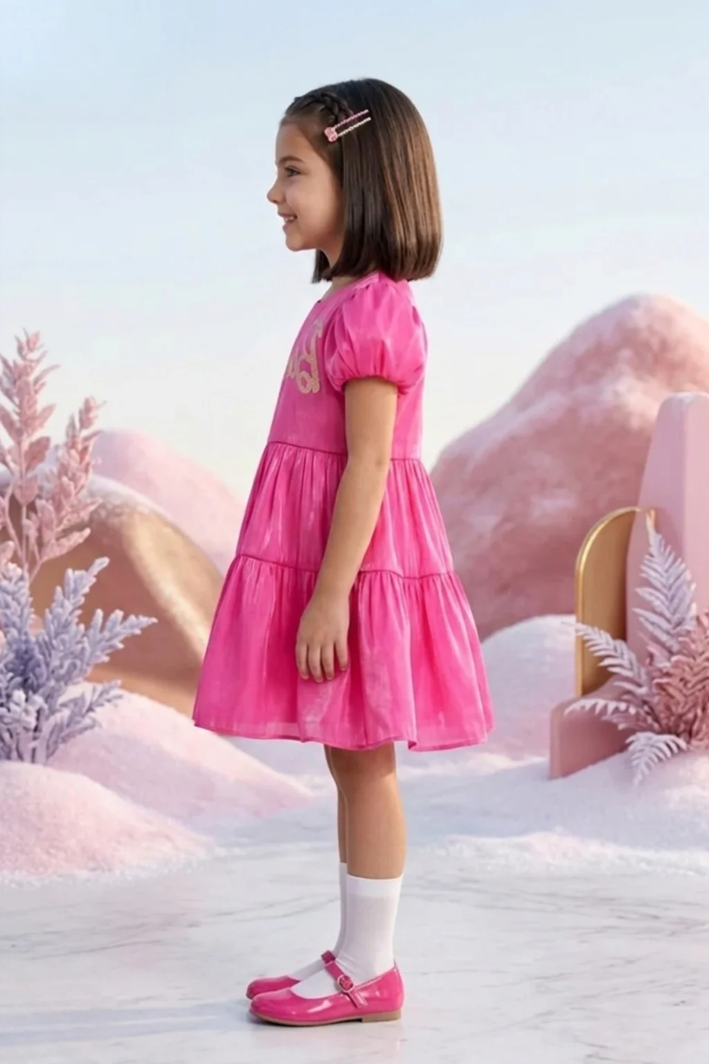 Barbie Hot Pink Satin Puff Sleeve Party Dress BAF219 - Image 3