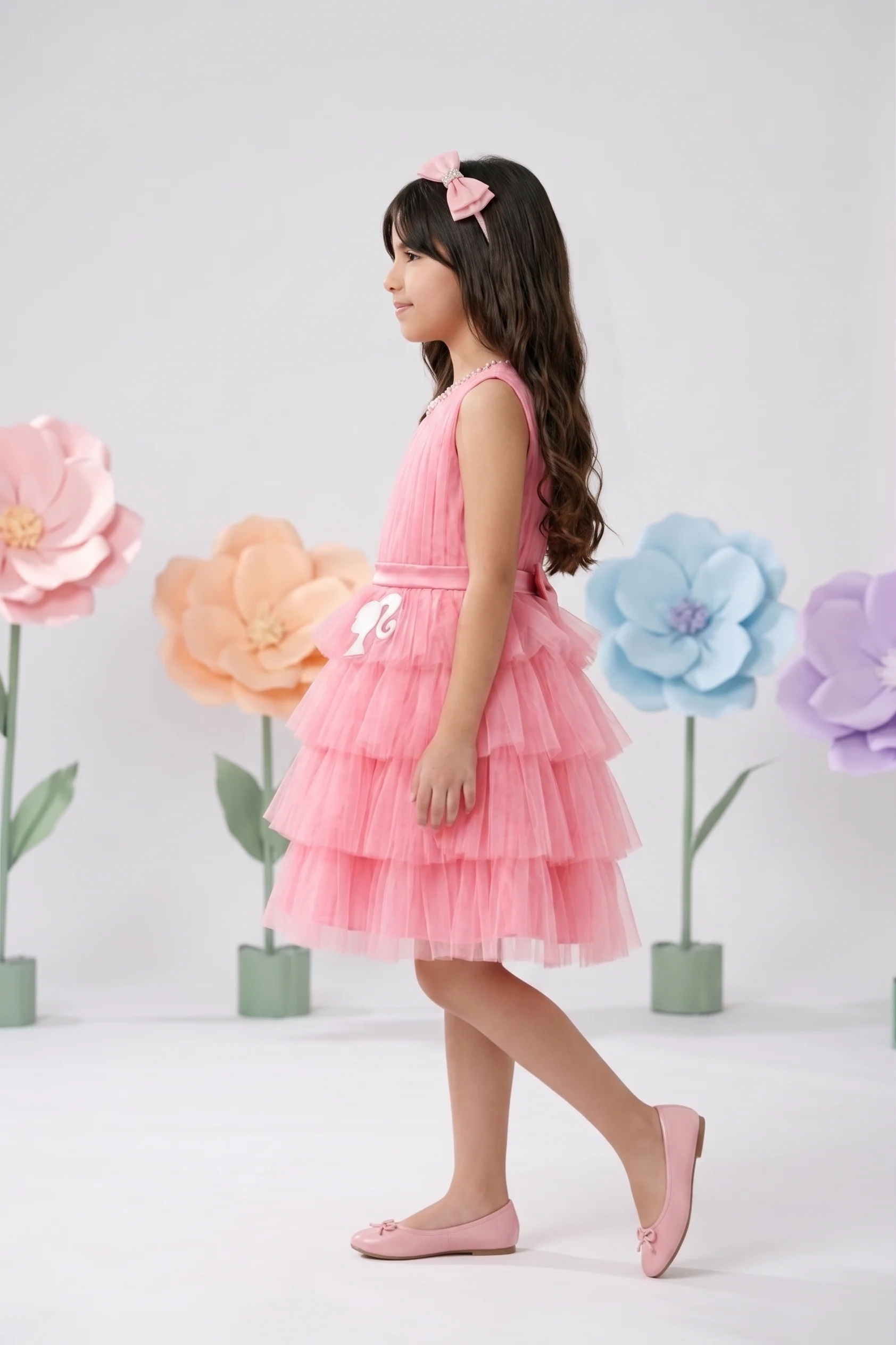 Barbie Peach Net Layered Embellished Party Dress BAF245 - Image 3