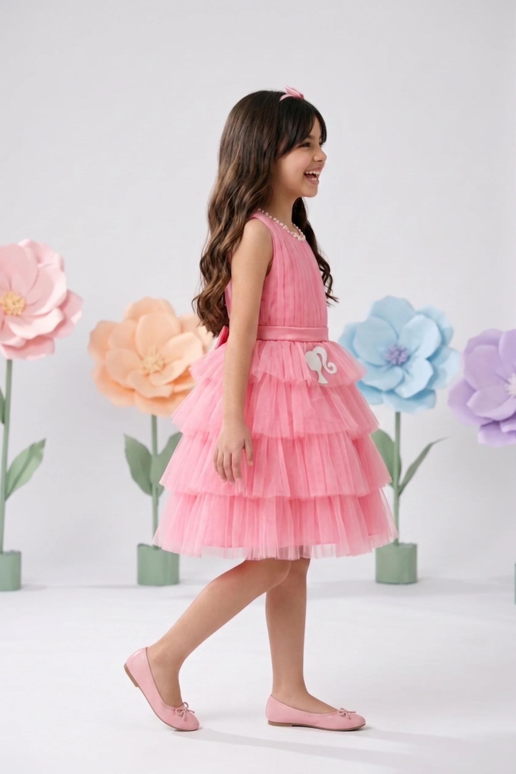 Barbie Peach Net Layered Embellished Party Dress BAF245 - Image 4