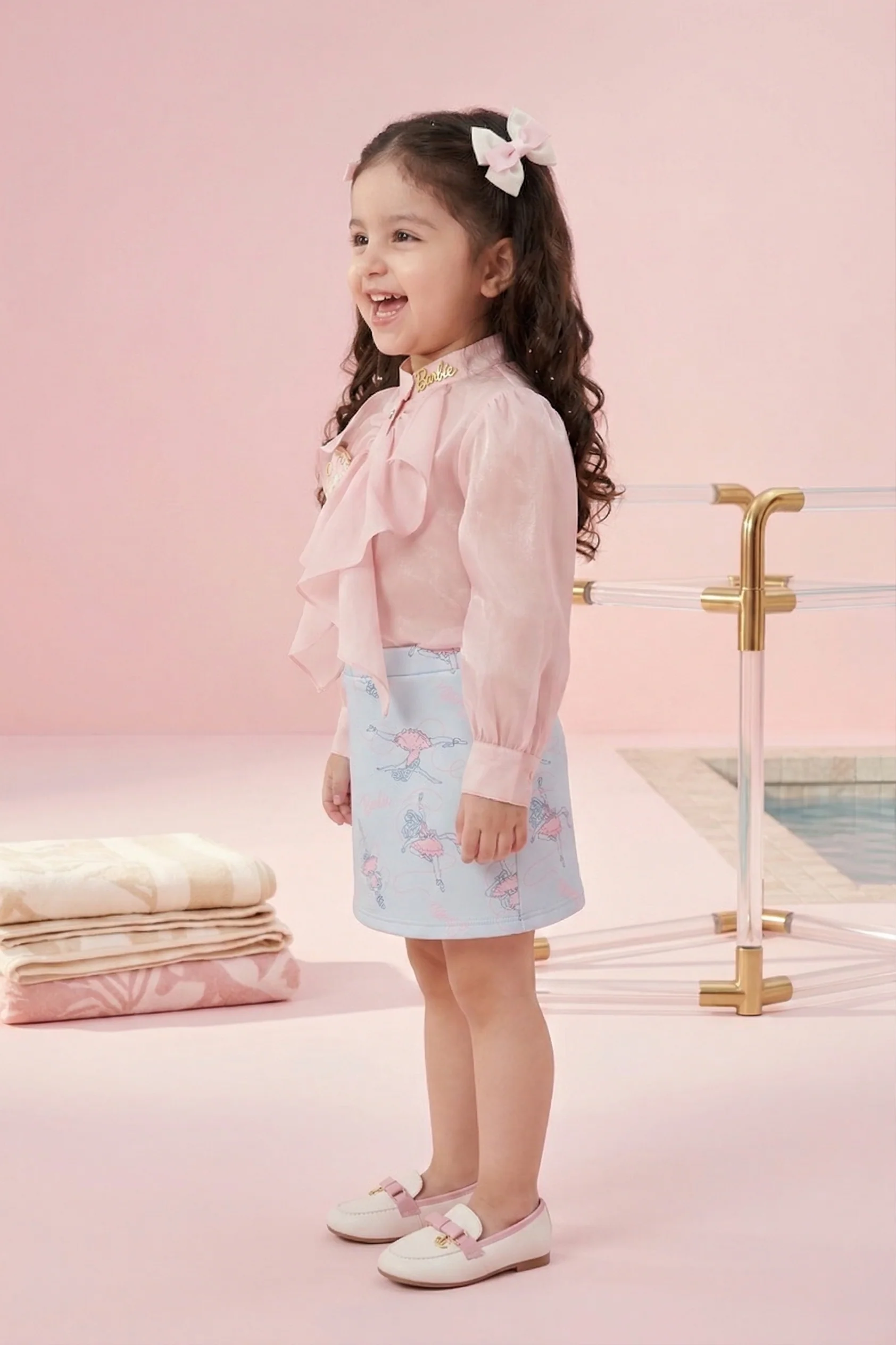 Barbie Peach Ruffle Organza Top with Blue Print Skirt BASET470 - Image 3