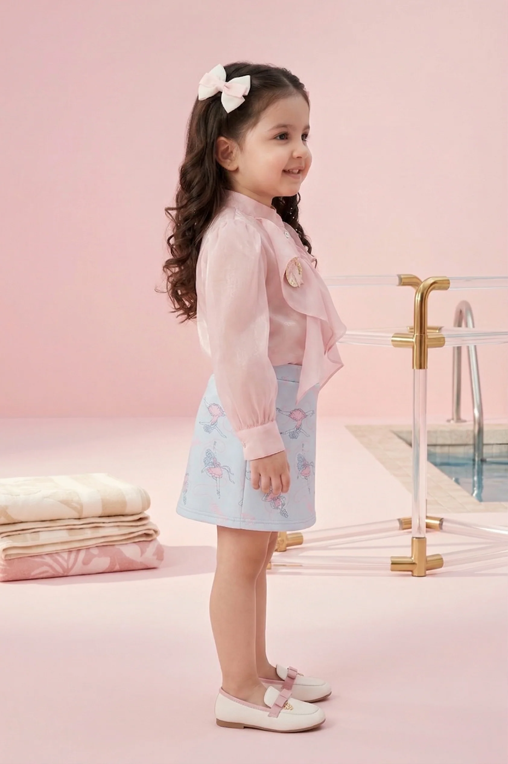 Barbie Peach Ruffle Organza Top with Blue Print Skirt BASET470 - Image 4