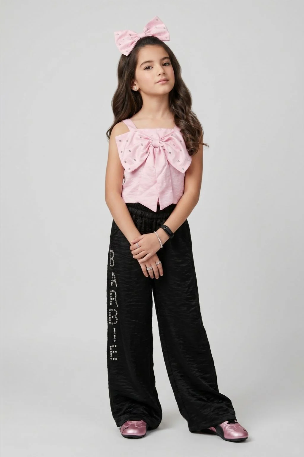 Barbie Pink Bow Top with Black Wide-Leg Pants Co-ord Set BASET496 - Image 3