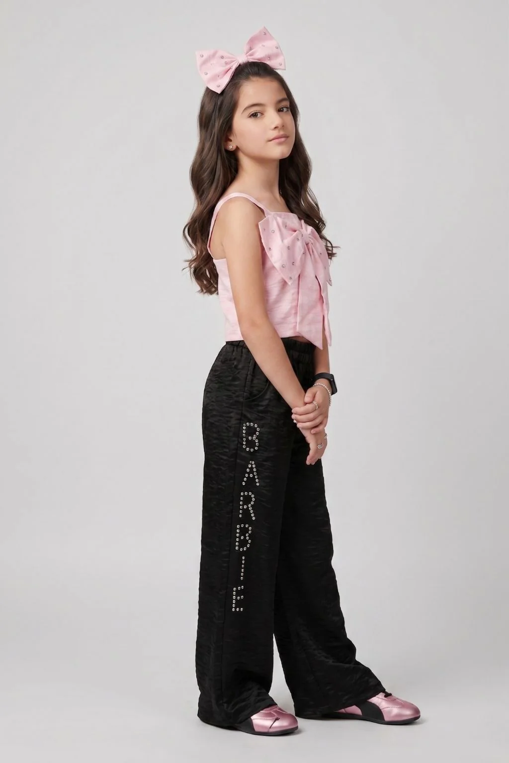 Barbie Pink Bow Top with Black Wide-Leg Pants Co-ord Set BASET496 - Image 5
