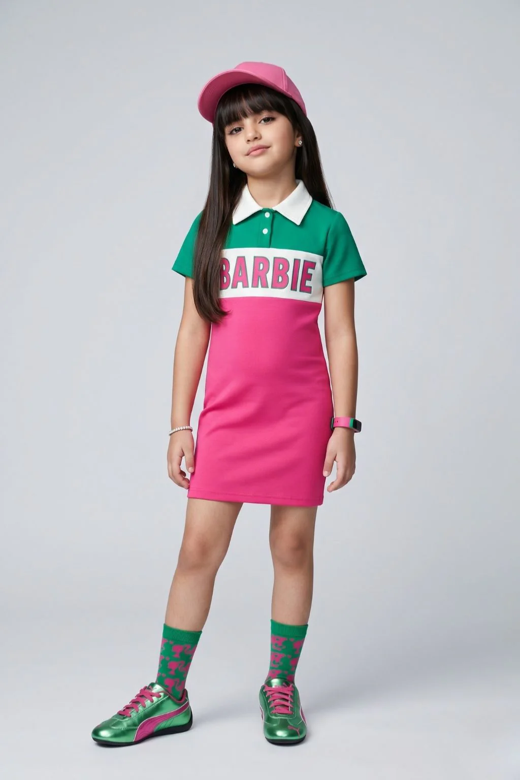 Barbie Pink & Green Polo Collar Bodycon Mini Dress BAM1266 - Image 3