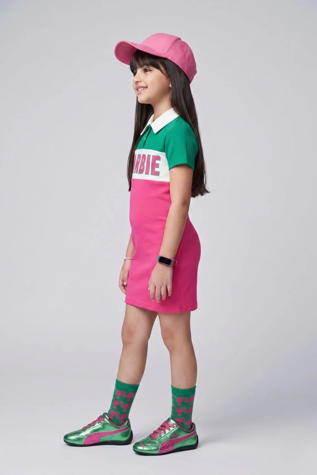 Barbie Pink & Green Polo Collar Bodycon Mini Dress BAM1266 - Image 4
