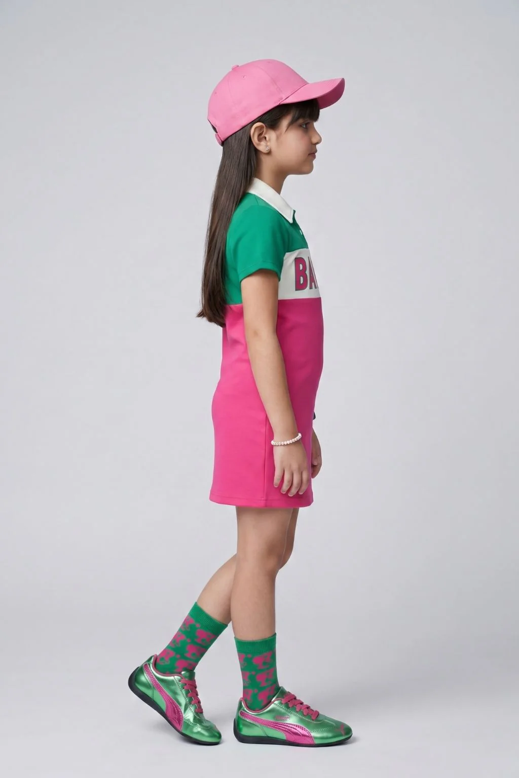 Barbie Pink & Green Polo Collar Bodycon Mini Dress BAM1266 - Image 5