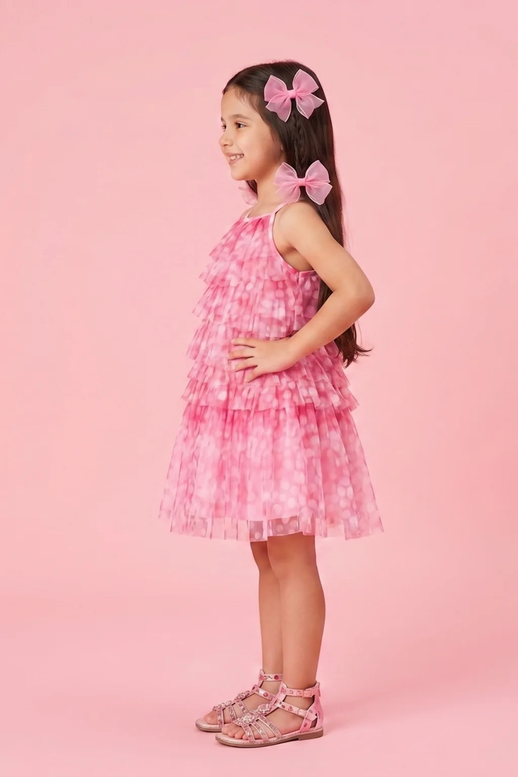 Barbie Pink Layered Polka Net Dress BASET328 - Image 4