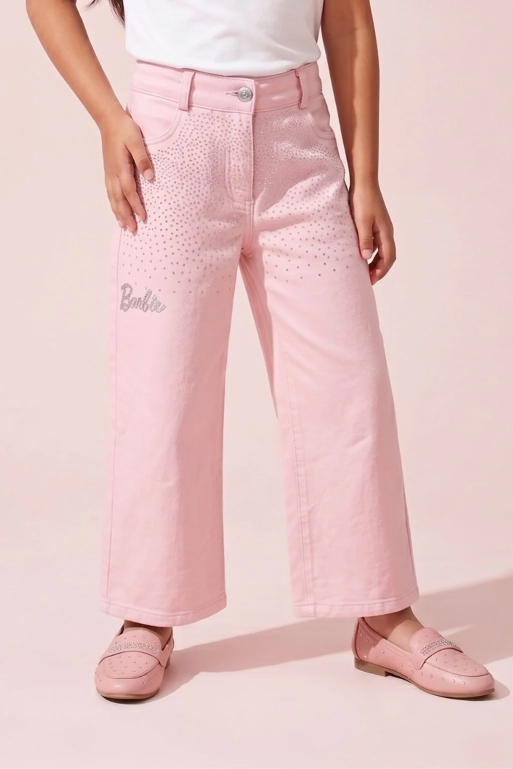 Barbie Pink Rhinestone Embellished Wide Leg Jeans BAP647 - Image 2