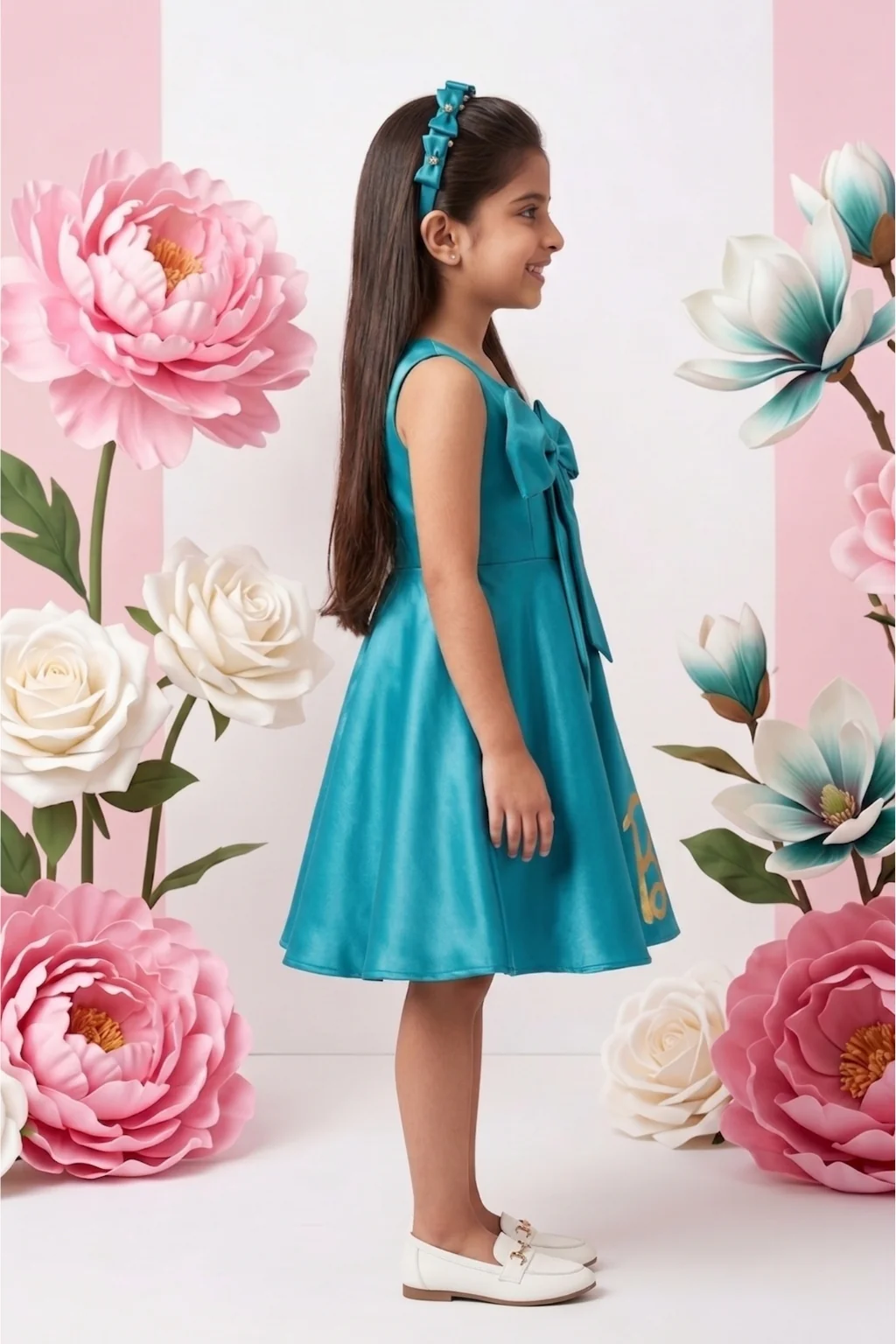 Barbie Turquoise Satin Bow Detail Party Dress BAF225 - Image 4