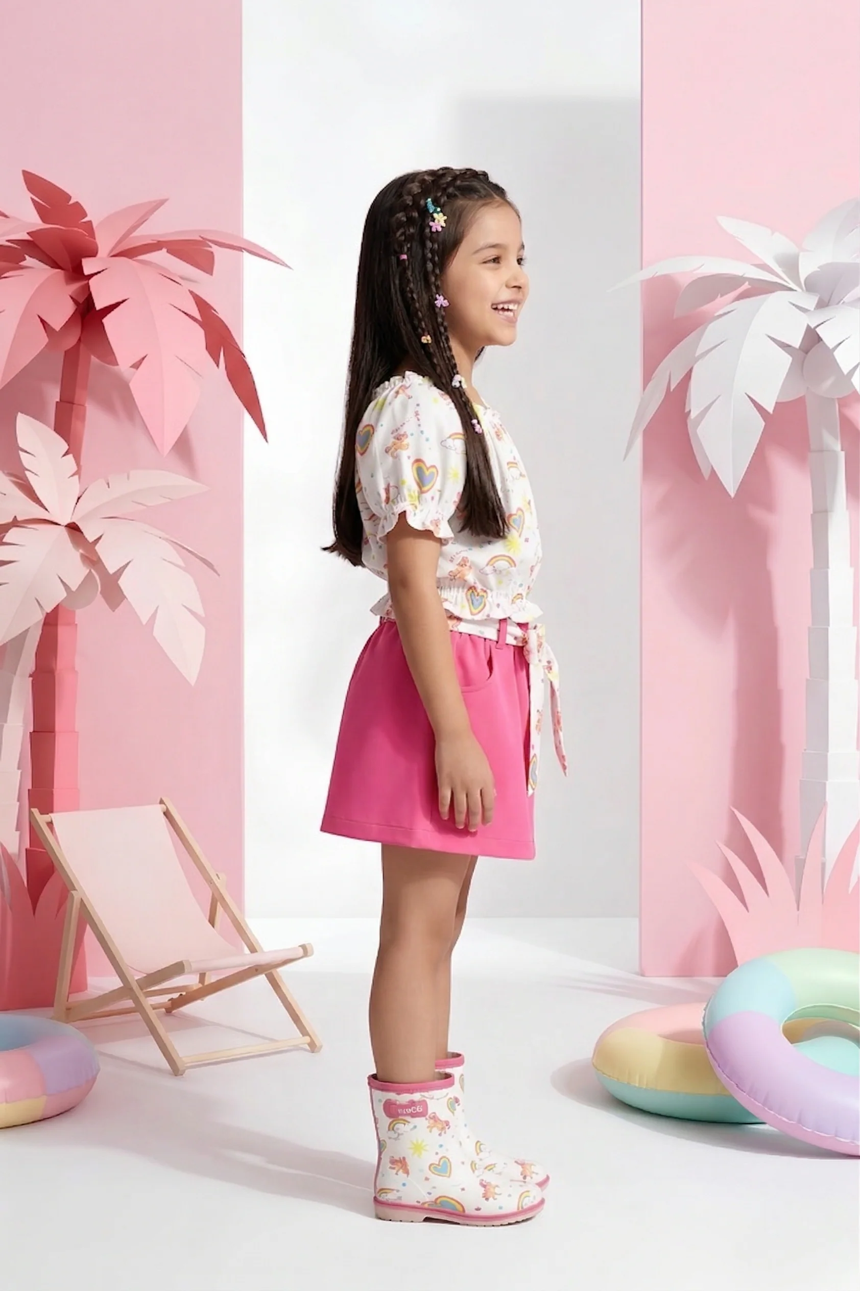 Barbie White Printed Tie-Up Top with Pink Skirt BASET320 - Image 3