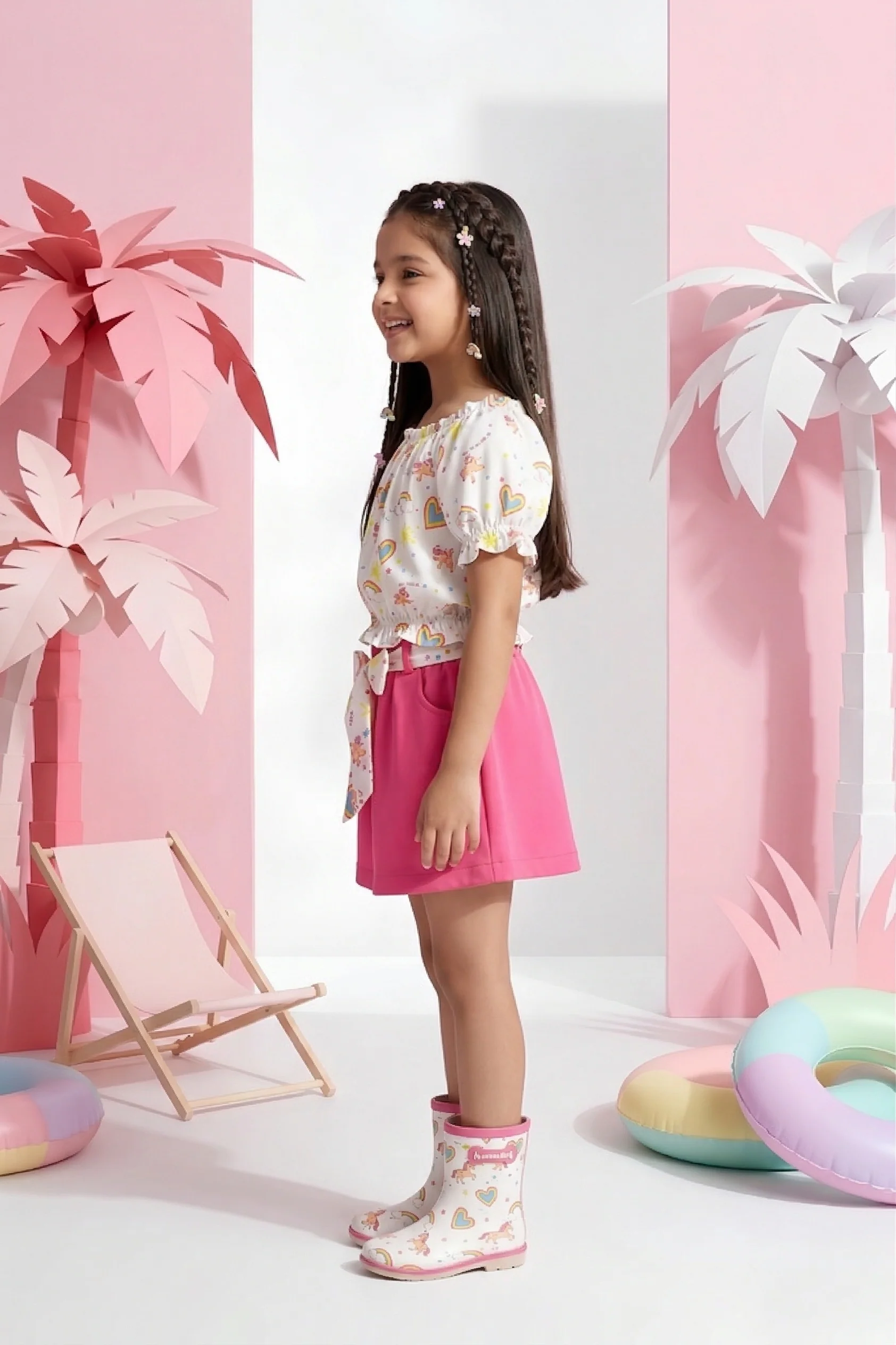 Barbie White Printed Tie-Up Top with Pink Skirt BASET320 - Image 4