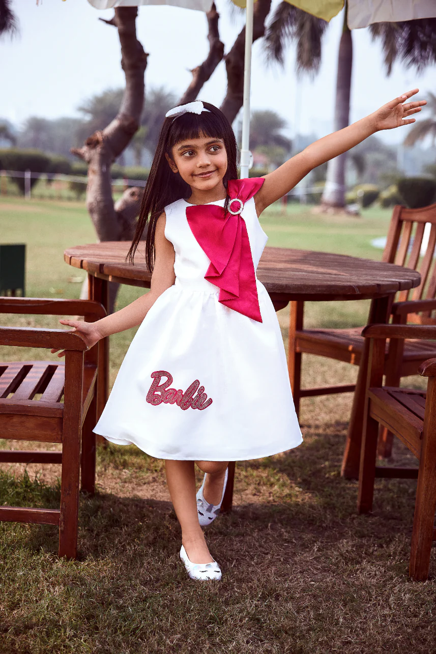 Barbie White Satin Pink Bow Accent Party Dress BAF263