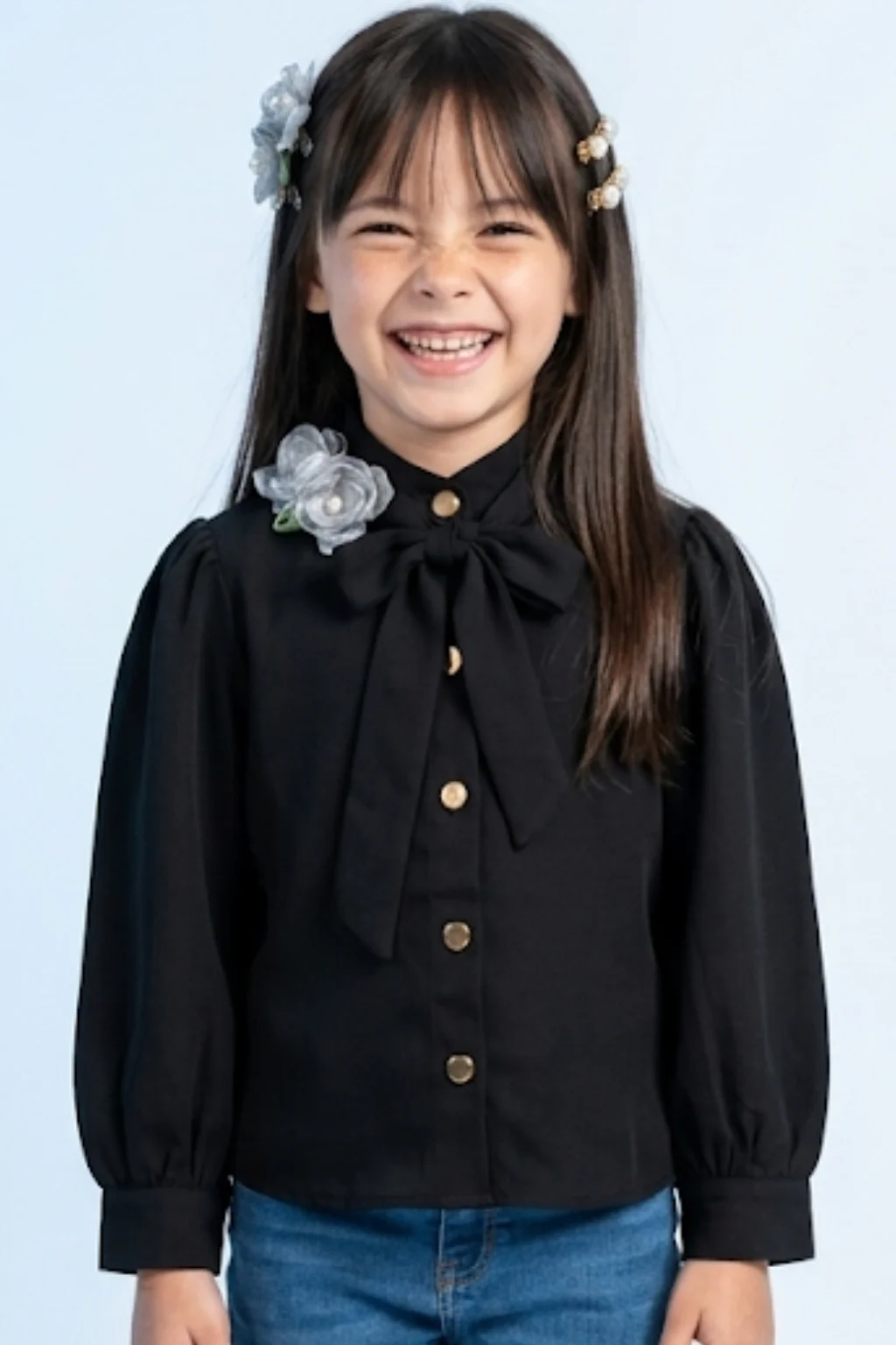 Black Bow Tie Party Shirt with Floral Brooch TG6271