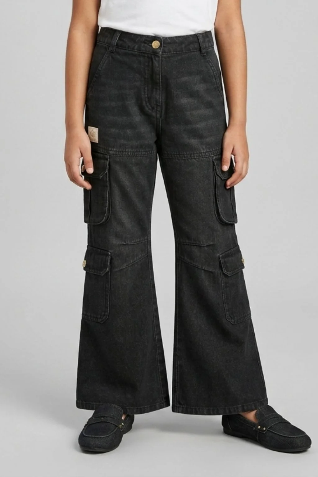 Black Denim Cargo Flared Jeans P1634