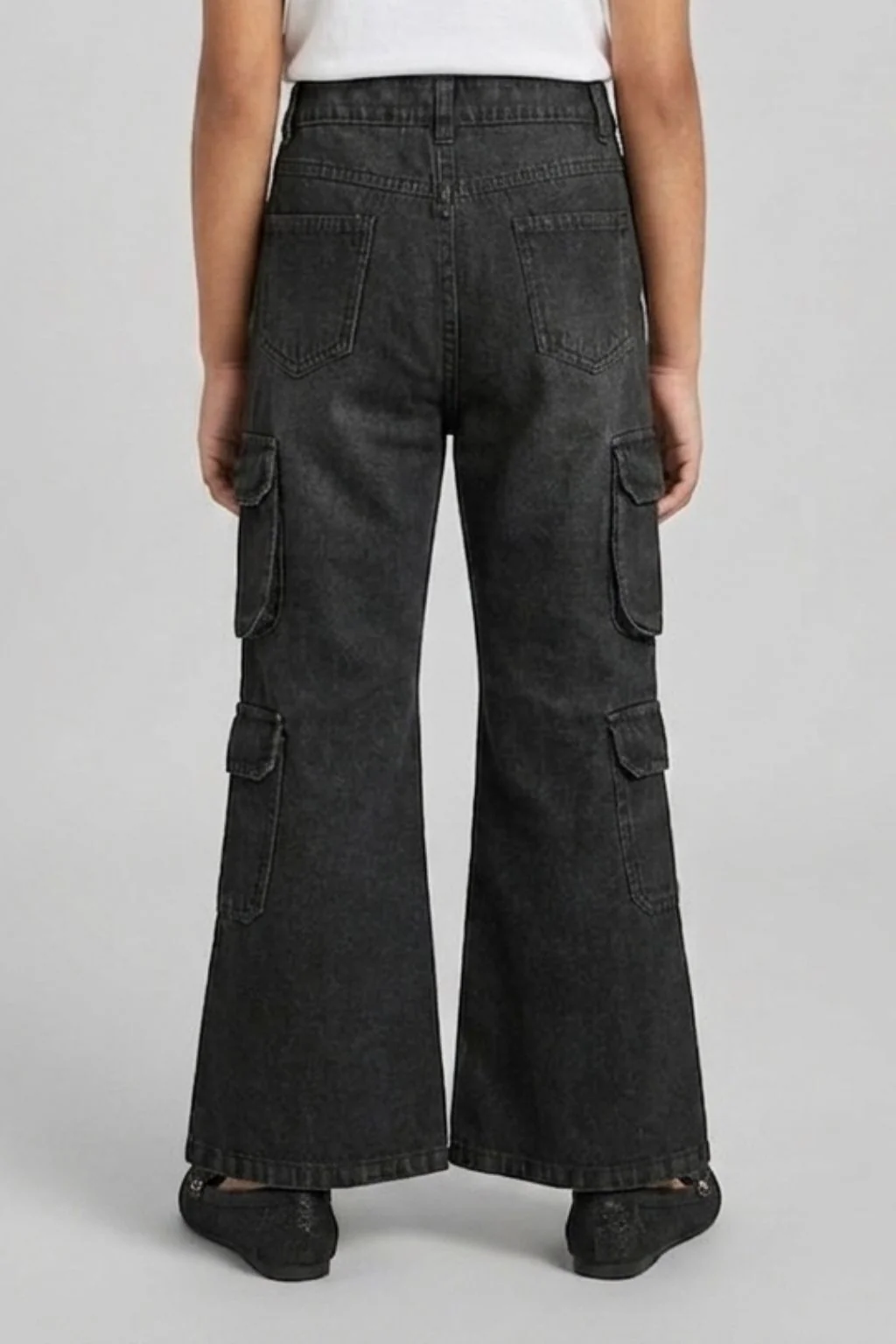 Black Denim Cargo Flared Jeans P1634 - Image 2