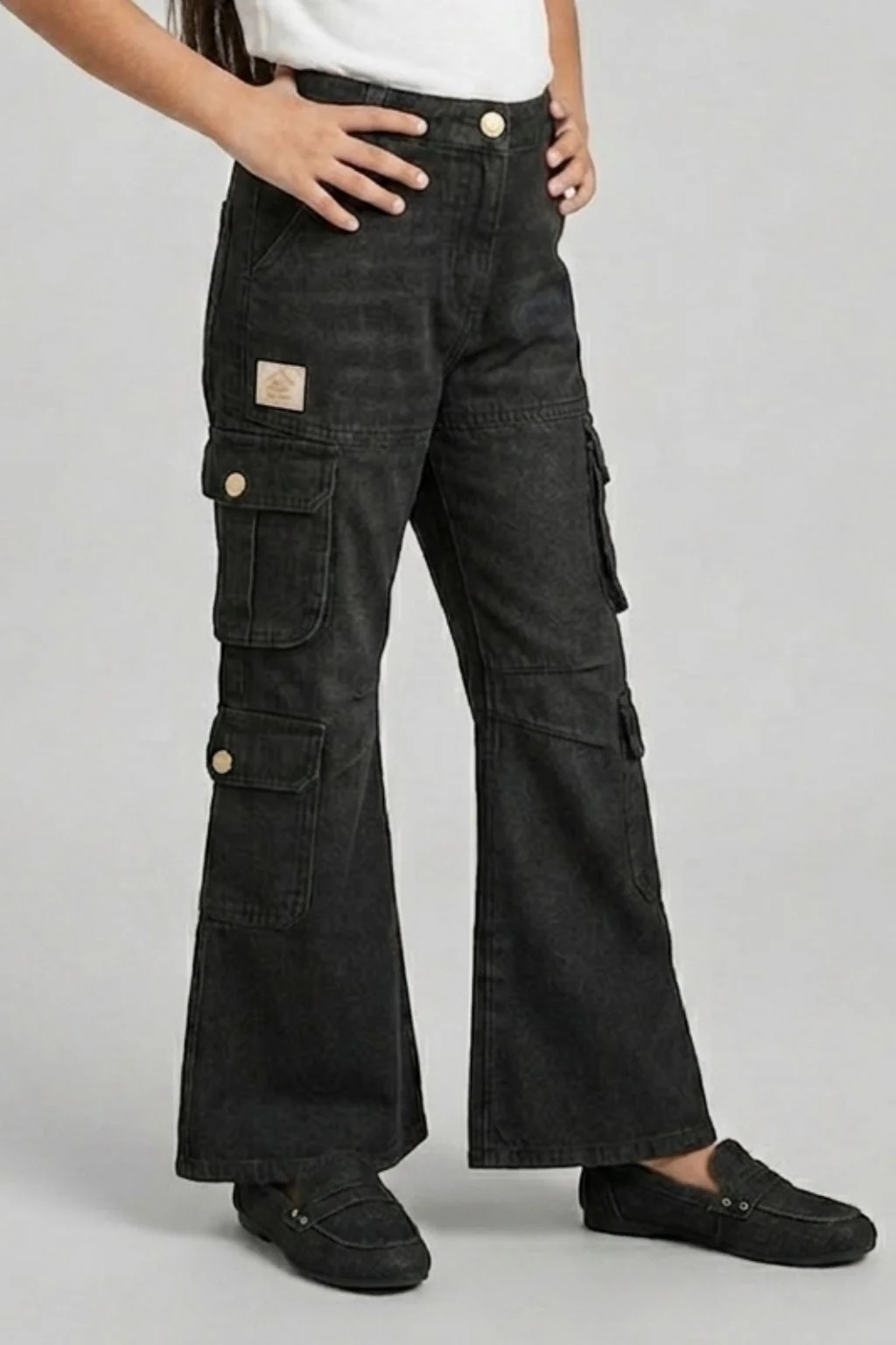 Black Denim Cargo Flared Jeans P1634 - Image 3