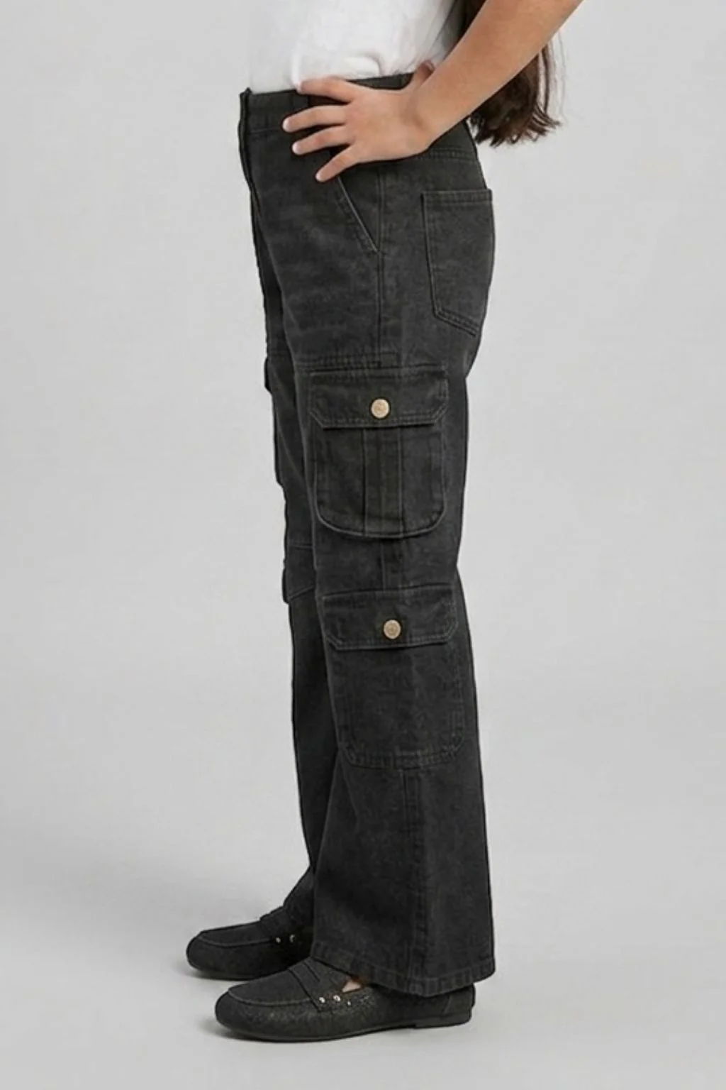 Black Denim Cargo Flared Jeans P1634 - Image 4