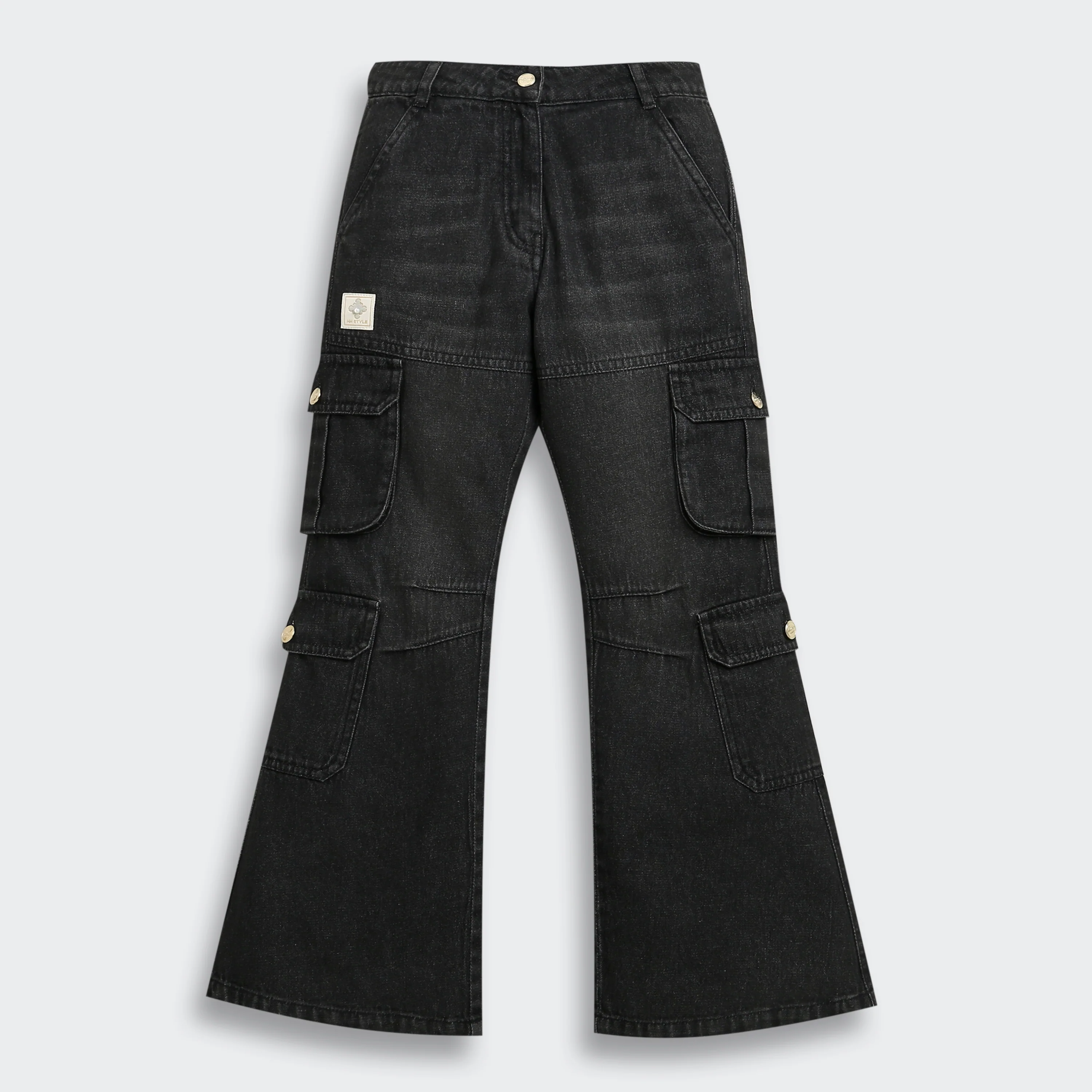 Black Denim Cargo Flared Jeans P1634 - Image 5