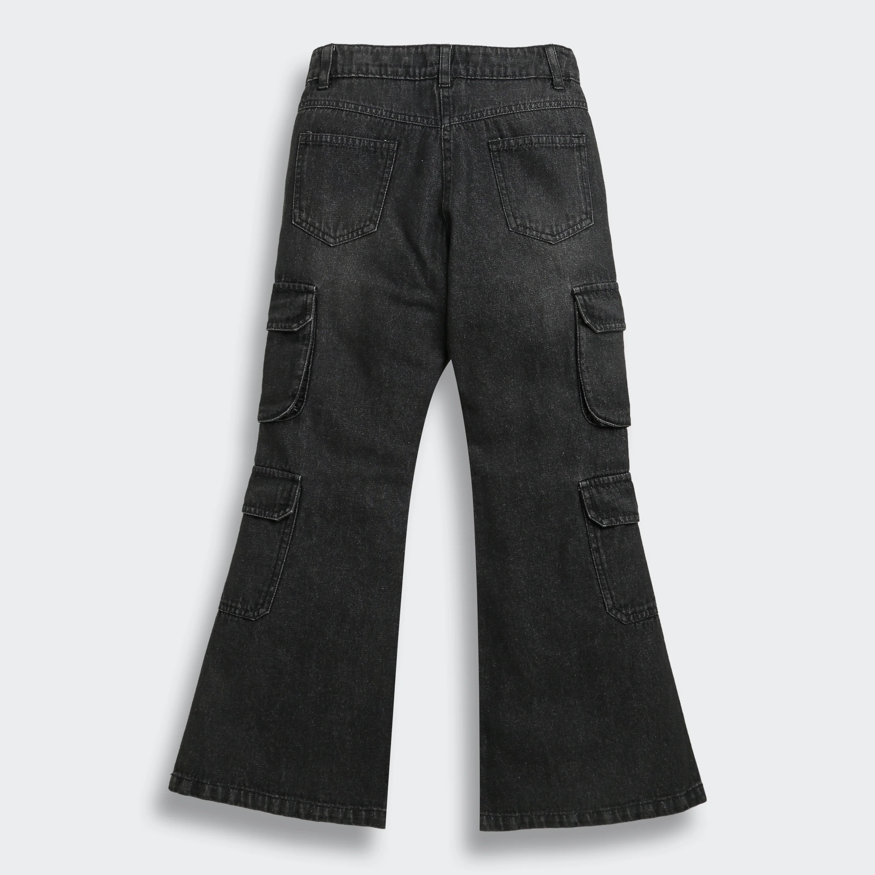 Black Denim Cargo Flared Jeans P1634 - Image 6