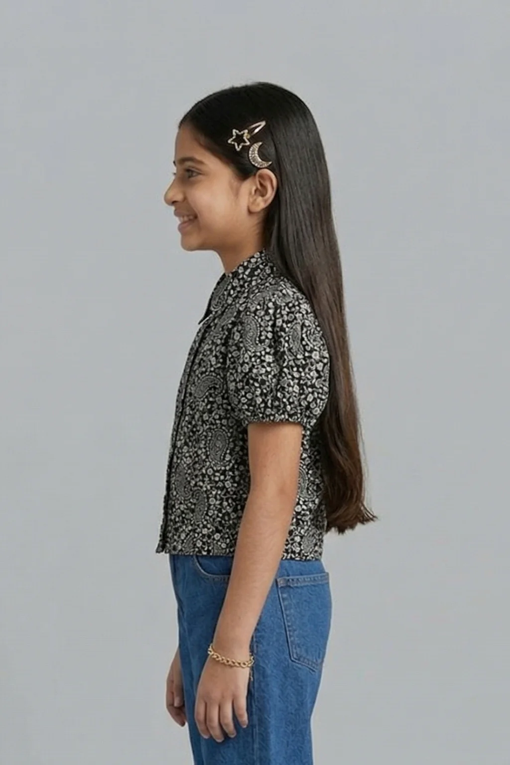 Black Printed Cotton Shirt Top with Puff Sleeves TG6207 - Image 3