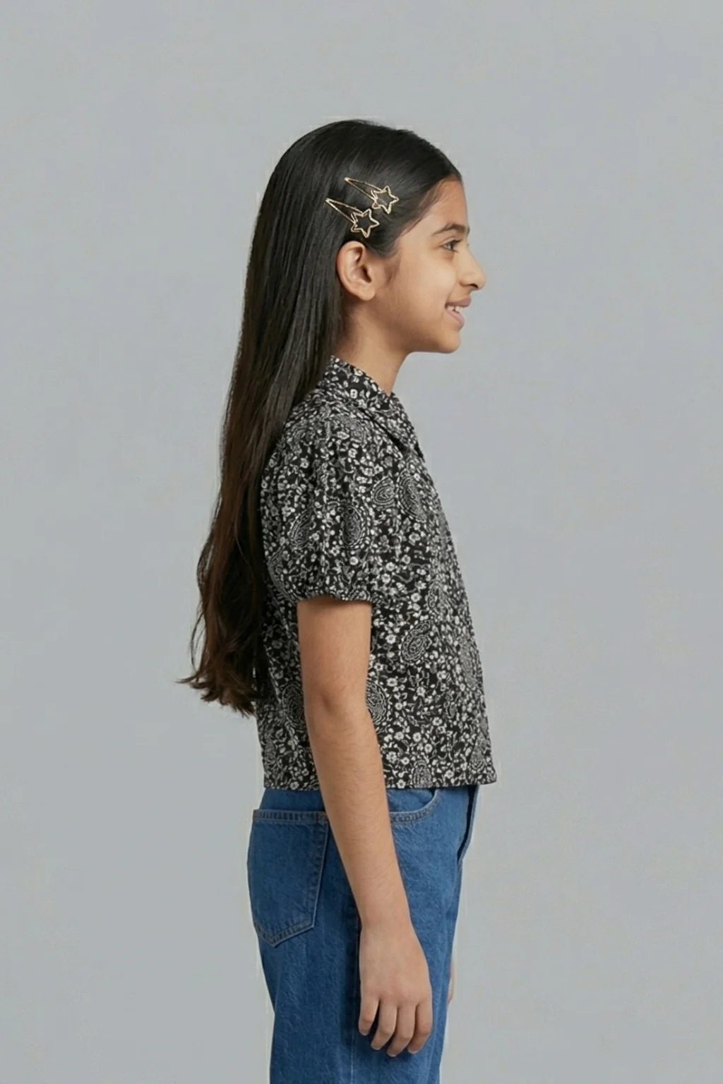 Black Printed Cotton Shirt Top with Puff Sleeves TG6207 - Image 4