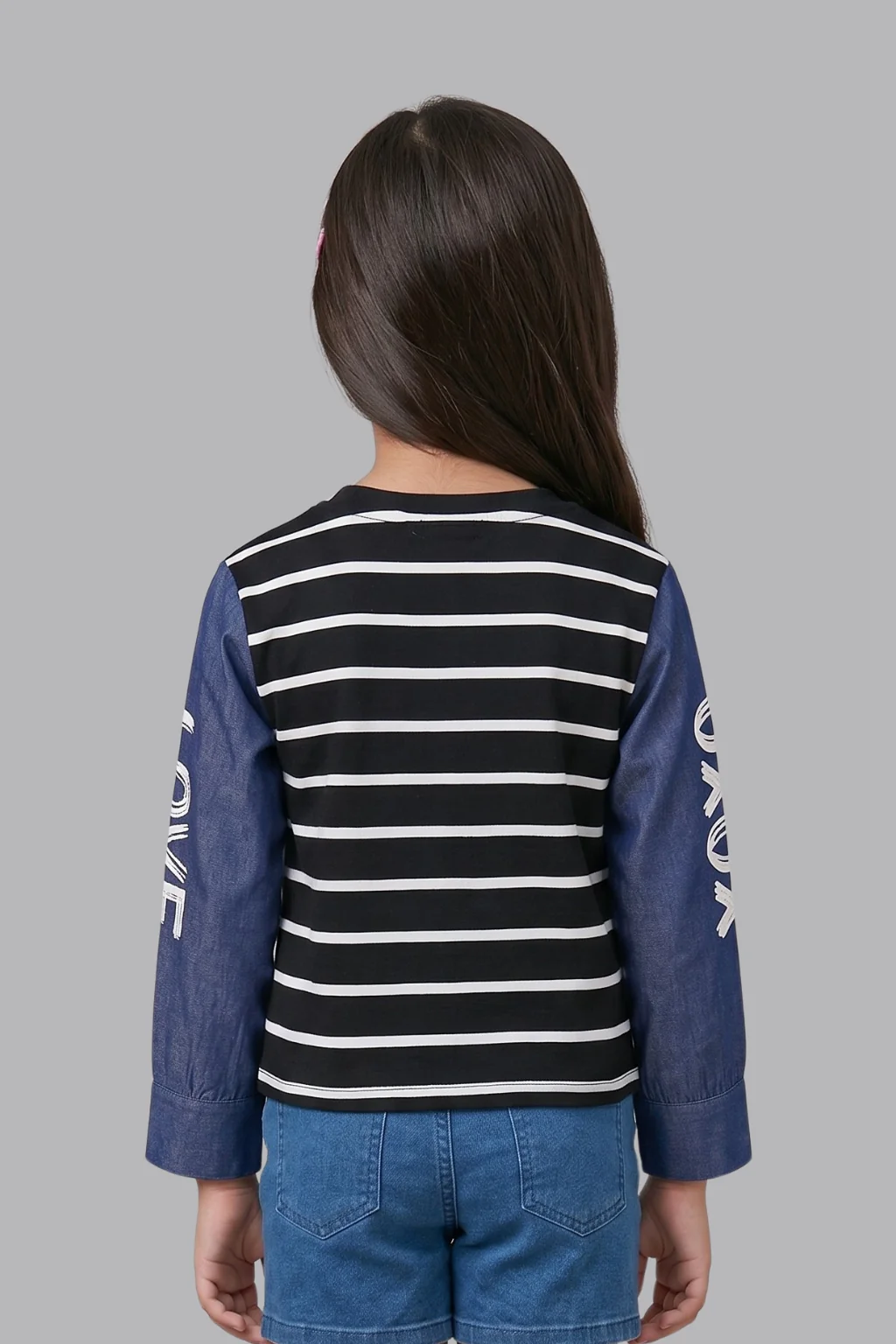 Black Striped Top for Girls with Printed Sleeves TG6505 - Image 2