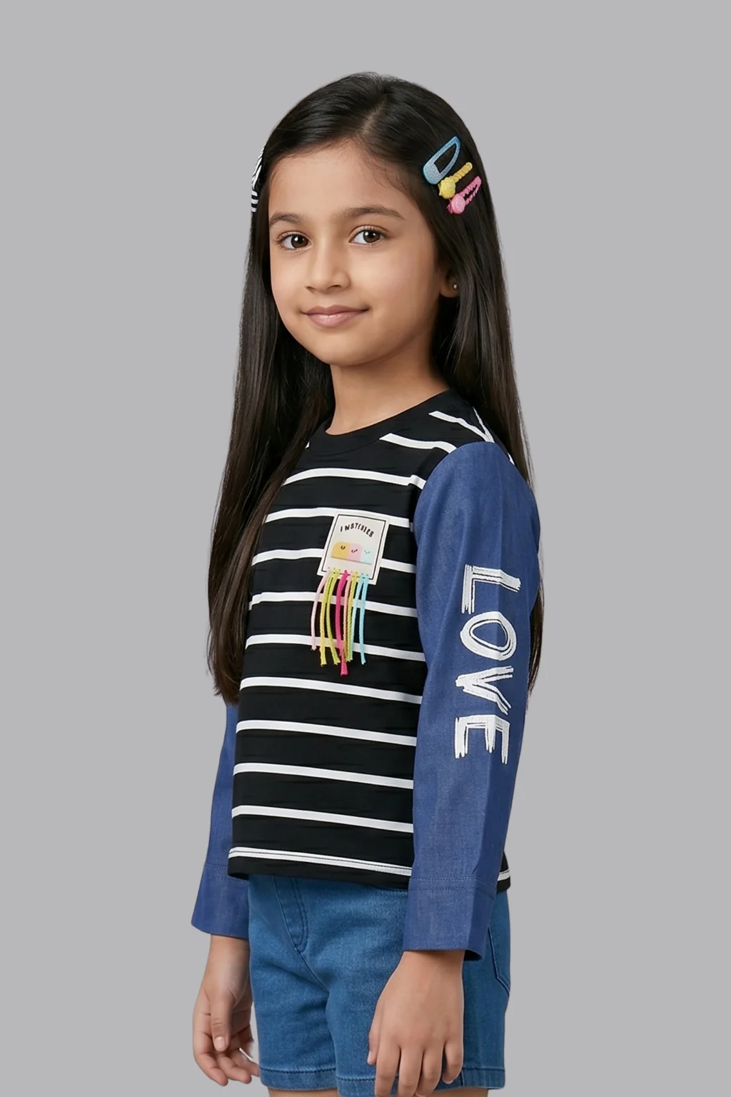 Black Striped Top for Girls with Printed Sleeves TG6505 - Image 3