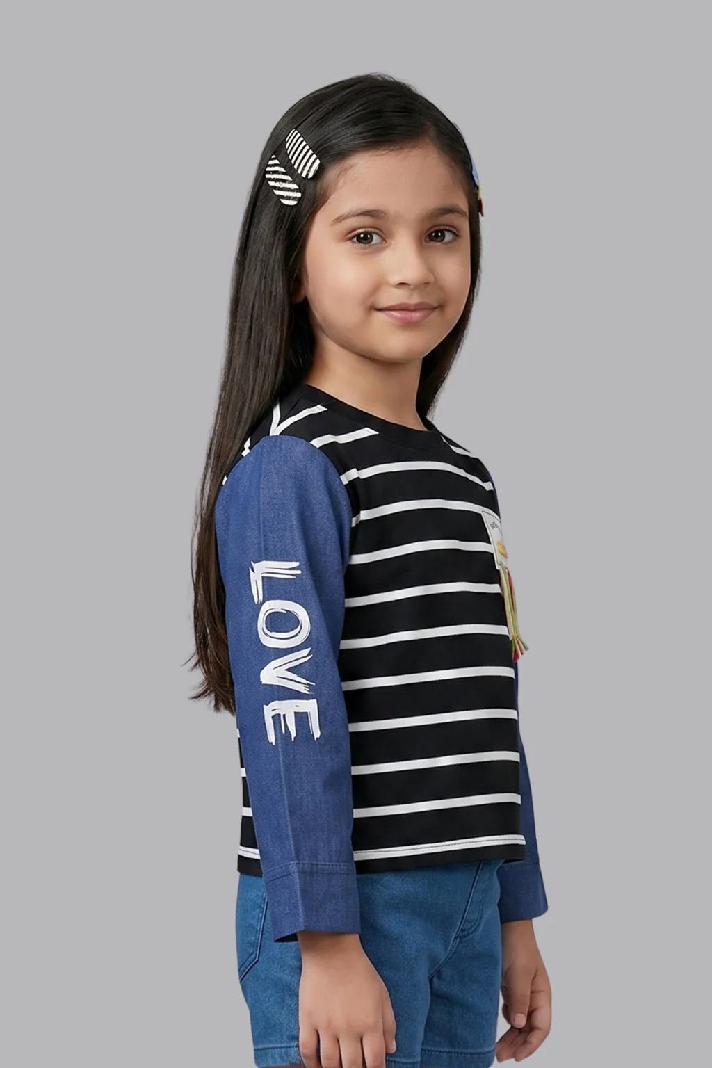 Black Striped Top for Girls with Printed Sleeves TG6505 - Image 4