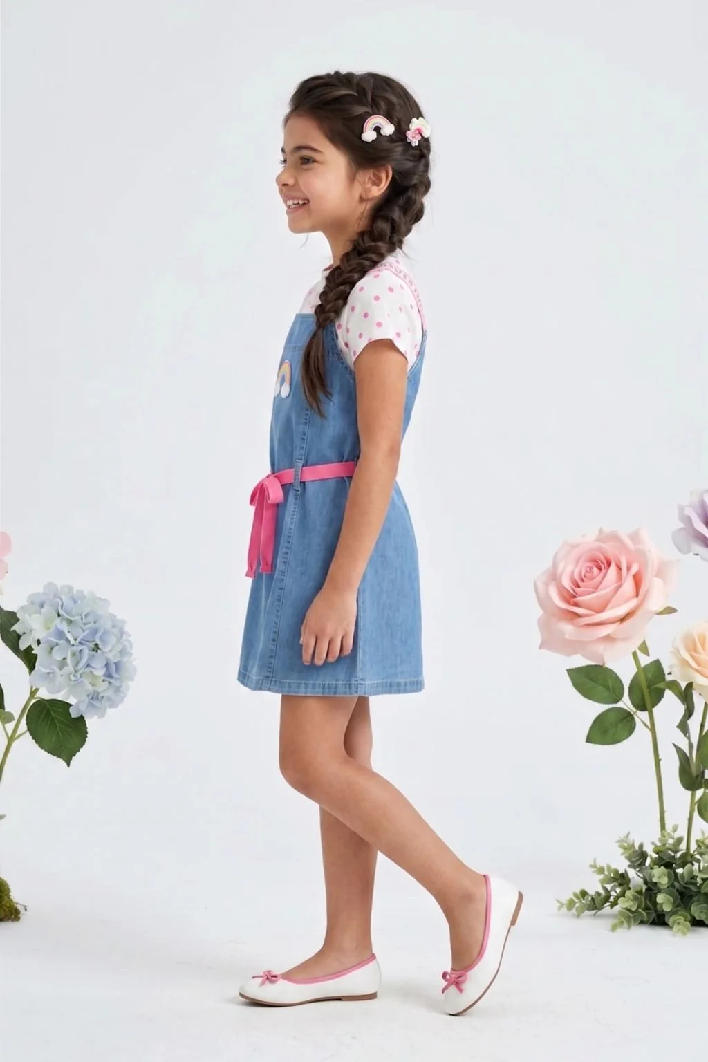 Blue Denim Pinafore Dress with Polka Dot Tee M2257 - Image 4