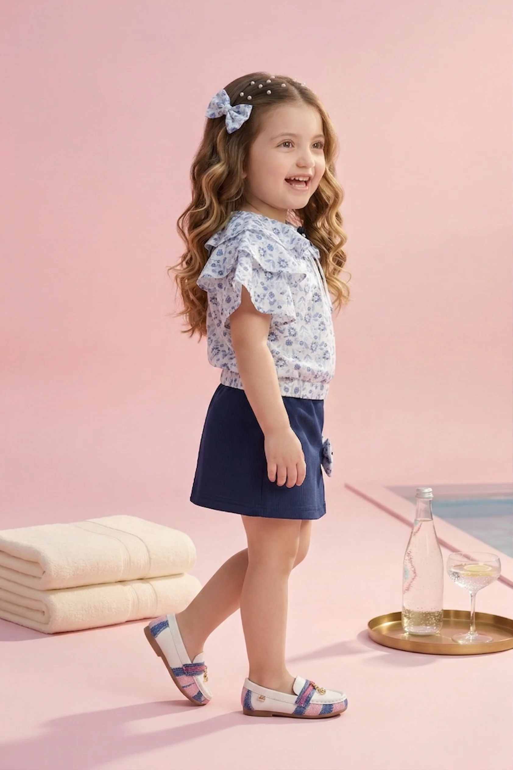 Blue Floral Ruffle Top with Navy Skirt Set TSSET40340 - Image 4