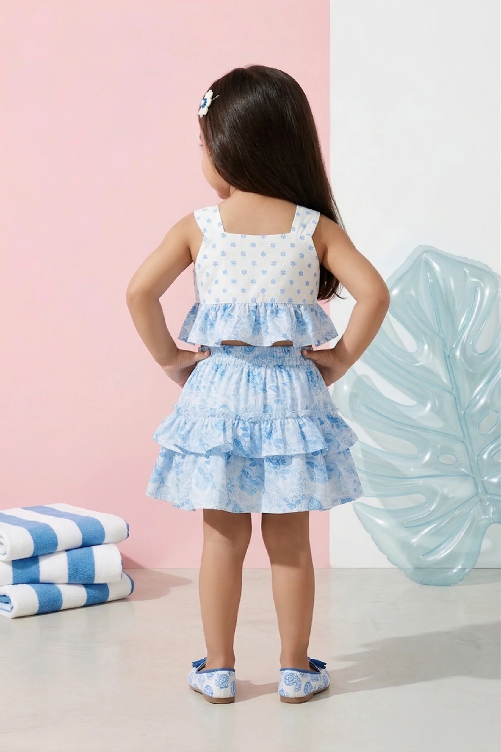 Blue Floral Tiered Ruffle Top & Skirt Set TSSET40402 - Image 2