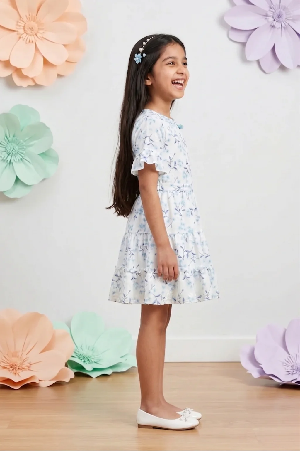 Blue Half Sleeves Floral Tiered Dress M2210 - Image 3