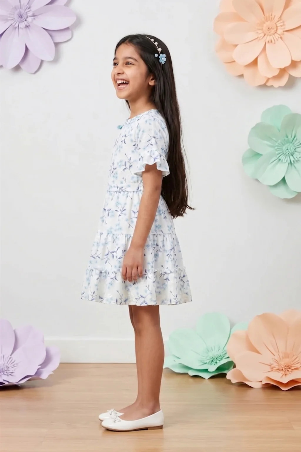 Blue Half Sleeves Floral Tiered Dress M2210 - Image 4