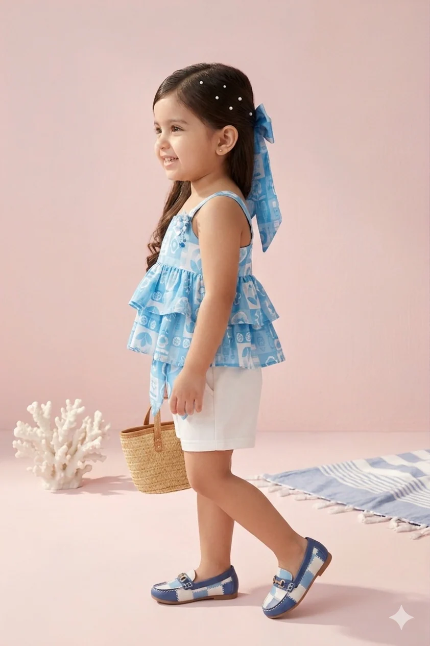 Blue Printed Ruffle Top with Shorts Set TSSET40490 - Image 3