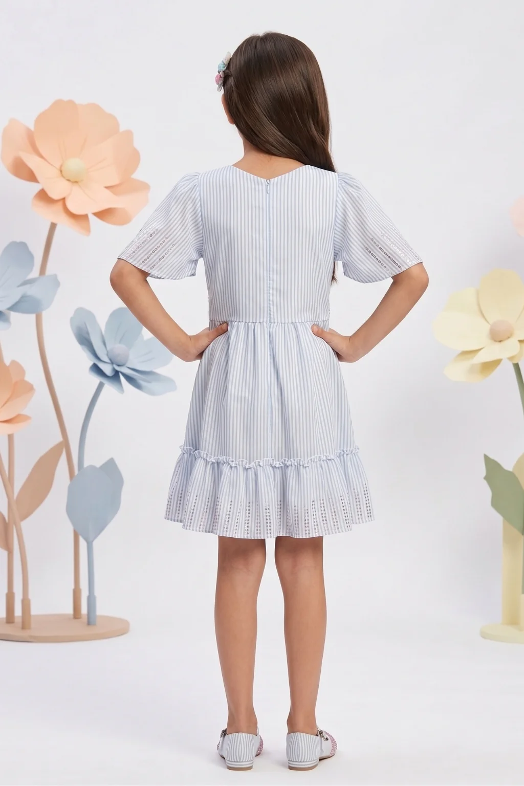 Blue Stripe Fit & Flare Dress with Flutter Sleeves M2032 - Image 2